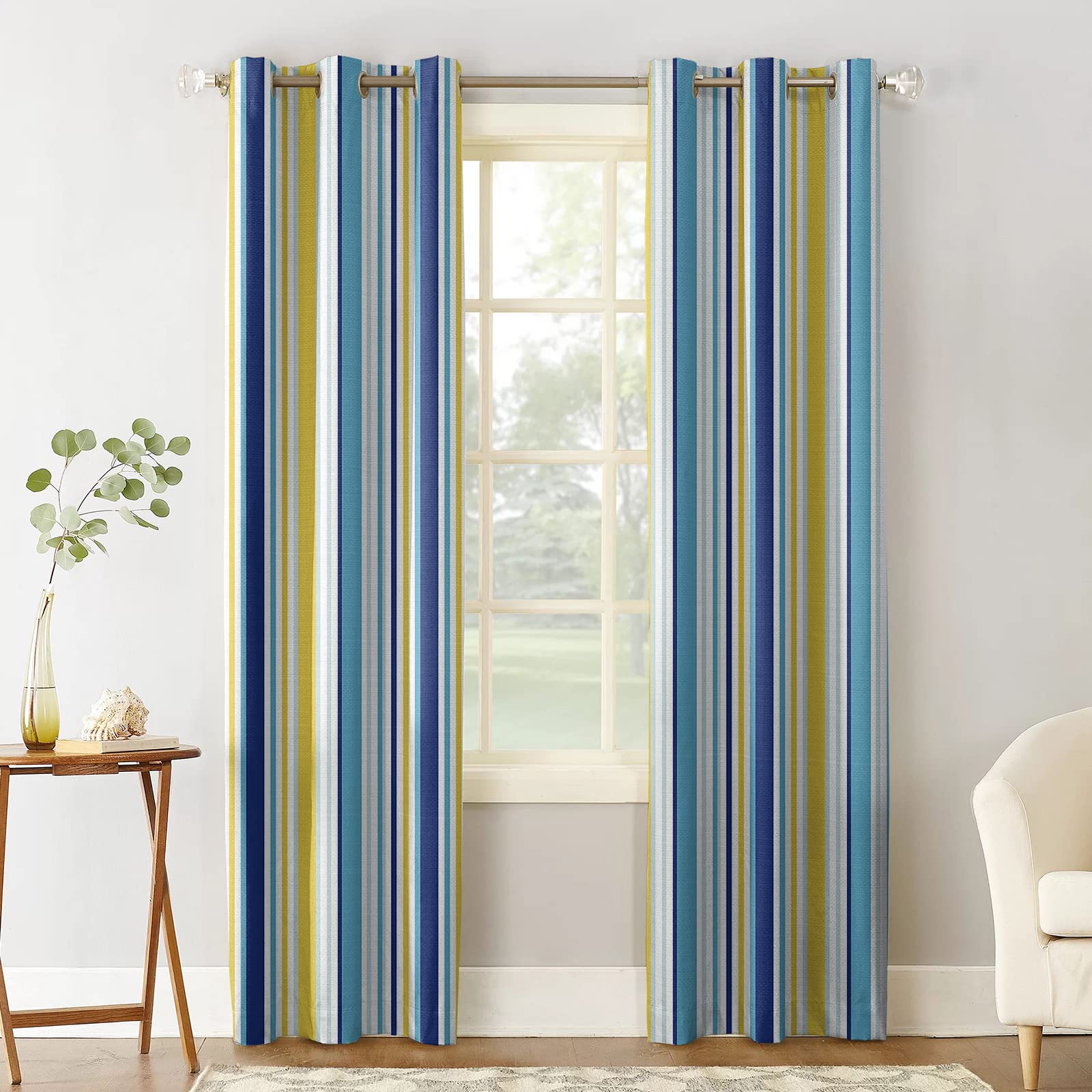 Blue & Yellow Striped Blackout Curtains - Thermal Insulated Room Darkening Window Drapes for Living Room & Bedroom (2 Panels, 52x84 Inches) - Perfect for Sun Protection, Privacy & Energy Efficiency