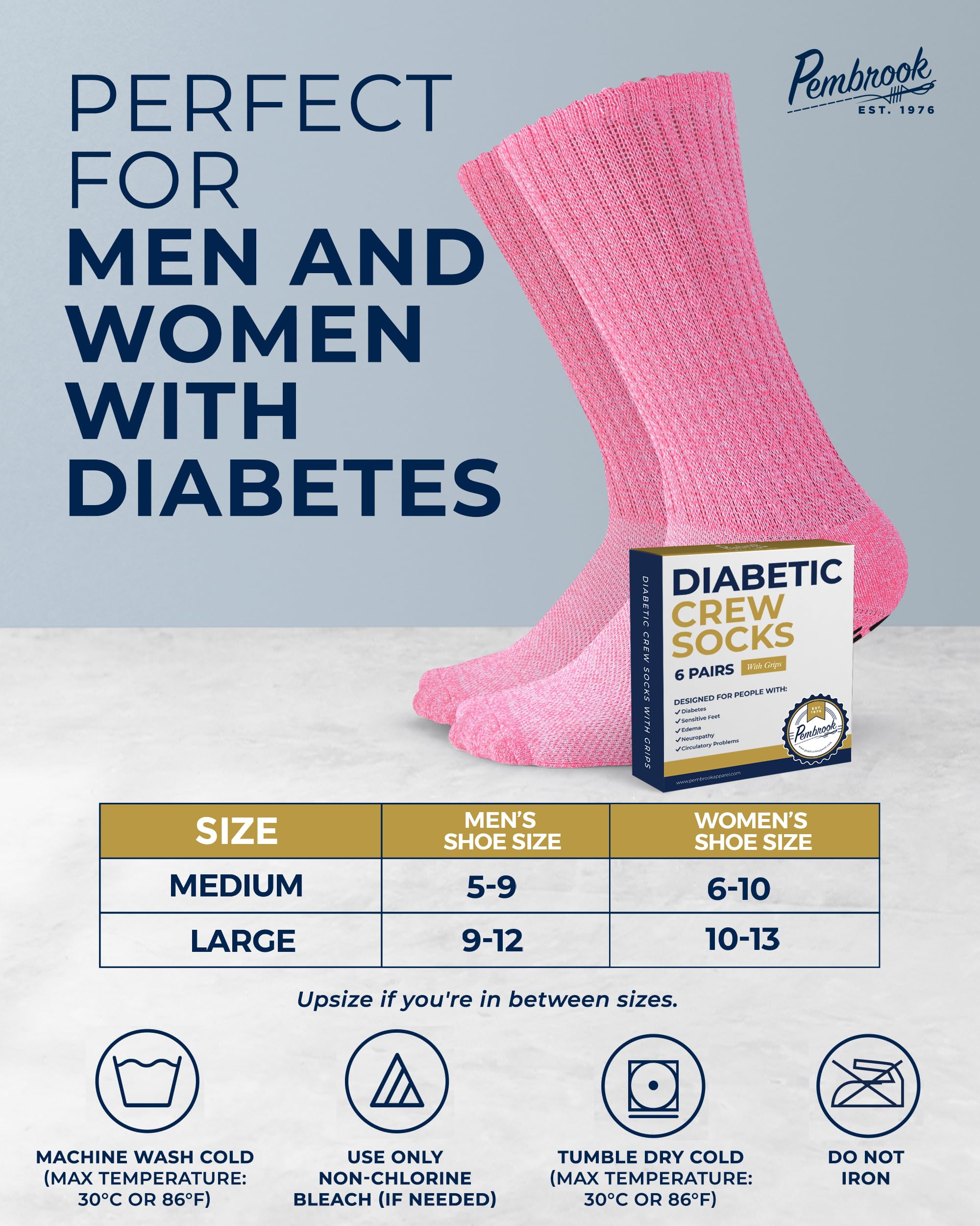 Pembrook 6 Pairs Diabetic Socks with Non-Slip Grippers for Men & Women - Breathable Neuropathy & Edema Relief Socks in 12 Colors | Perfect for Daily Wear, Work & Travel