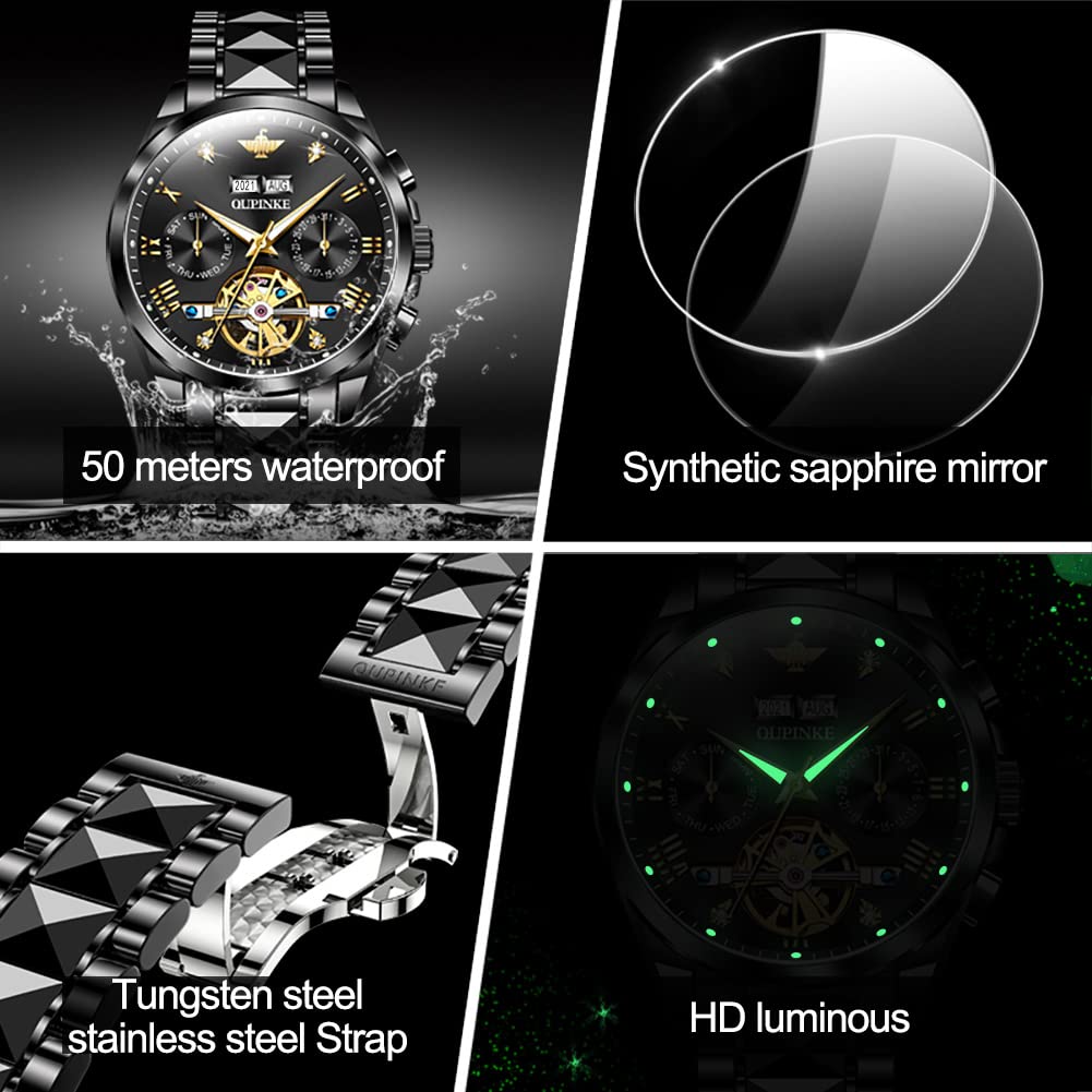 OUPINKE Men's Luxury Automatic Skeleton Watch with Diamond Accents - Self-Winding Dress Watch with Sapphire Crystal & Tungsten Steel Band - Perfect for Business, Formal Events & Gift Giving