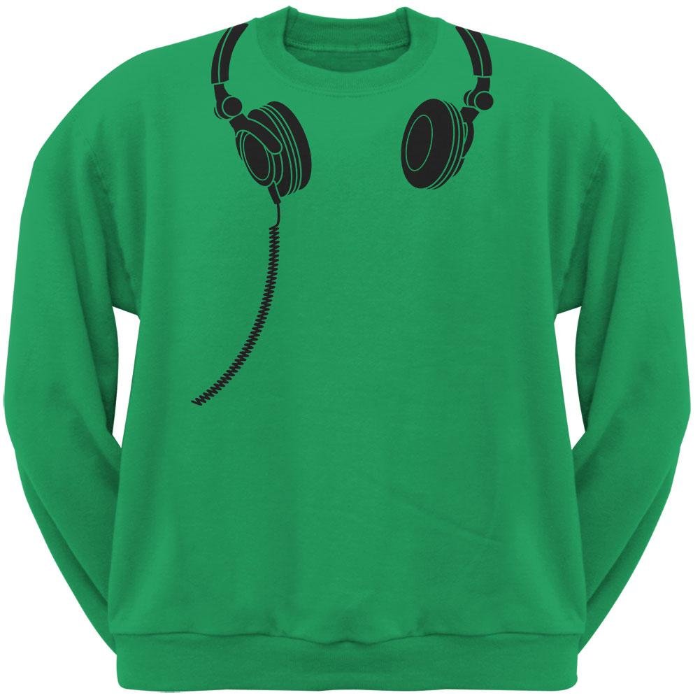 Old Glory Headphones Green Adult Crew Neck Sweatshirt | Patriotic American Flag Graphic Pullover | Casual Wear, Street Style & Gift for Music Lovers