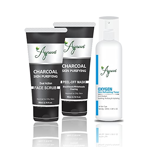 Aysun Oxygen Skin Refreshing Toner & Charcoal Face Scrub with Peel Off Mask - 3 Piece Skincare Combo Set for Deep Cleansing & Pore Minimizing | Perfect for Daily Routine & Spa Night