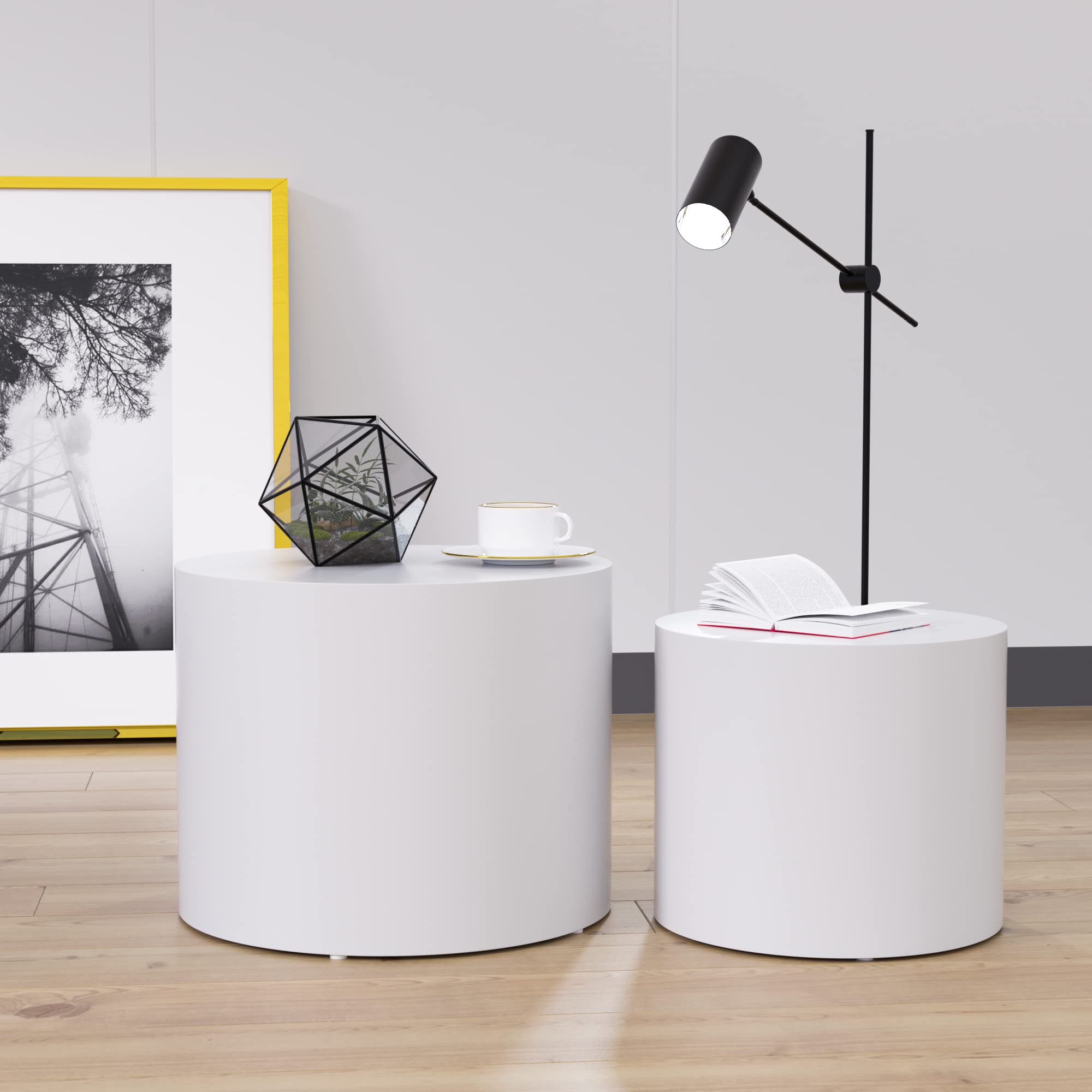HMFULE 2-Piece Round Nesting Coffee Table Set - Side Table & End Table for Small Spaces - White | Perfect for Living Room, Bedroom, Balcony & Office Decor