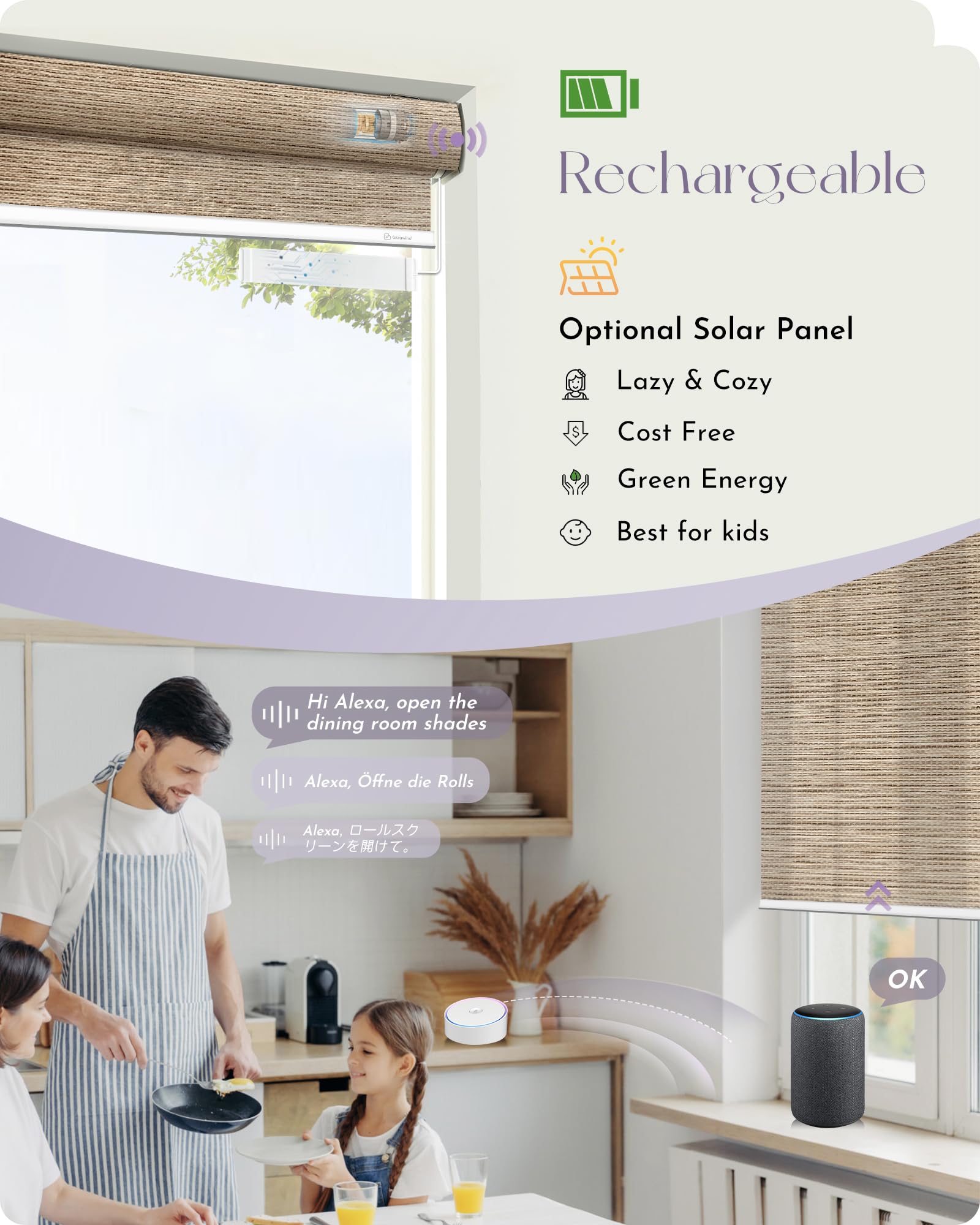 Graywind Motorized Smart Woven Roller Shades - Alexa & Google Home Compatible, Rechargeable Cordless Remote, Custom Sizes (Woven Beige) - Perfect for Living Rooms, Bedrooms & Home Offices