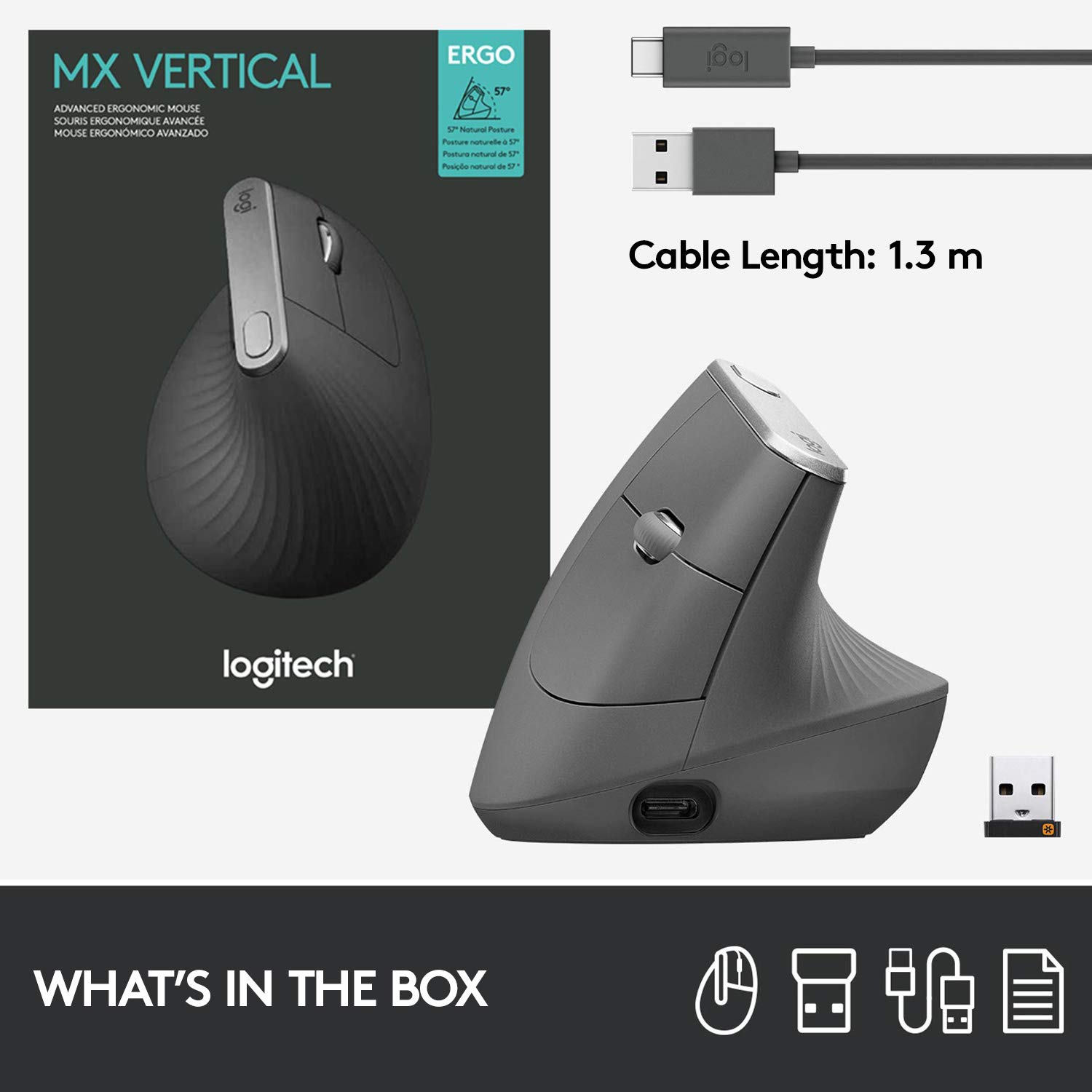 Logitech MX Vertical Wireless Ergonomic Mouse - Rechargeable Bluetooth Mouse for Windows & Mac, Reduces Wrist Pain & Muscle Strain - Perfect for Office Work, Graphic Design & Long Computing Sessions