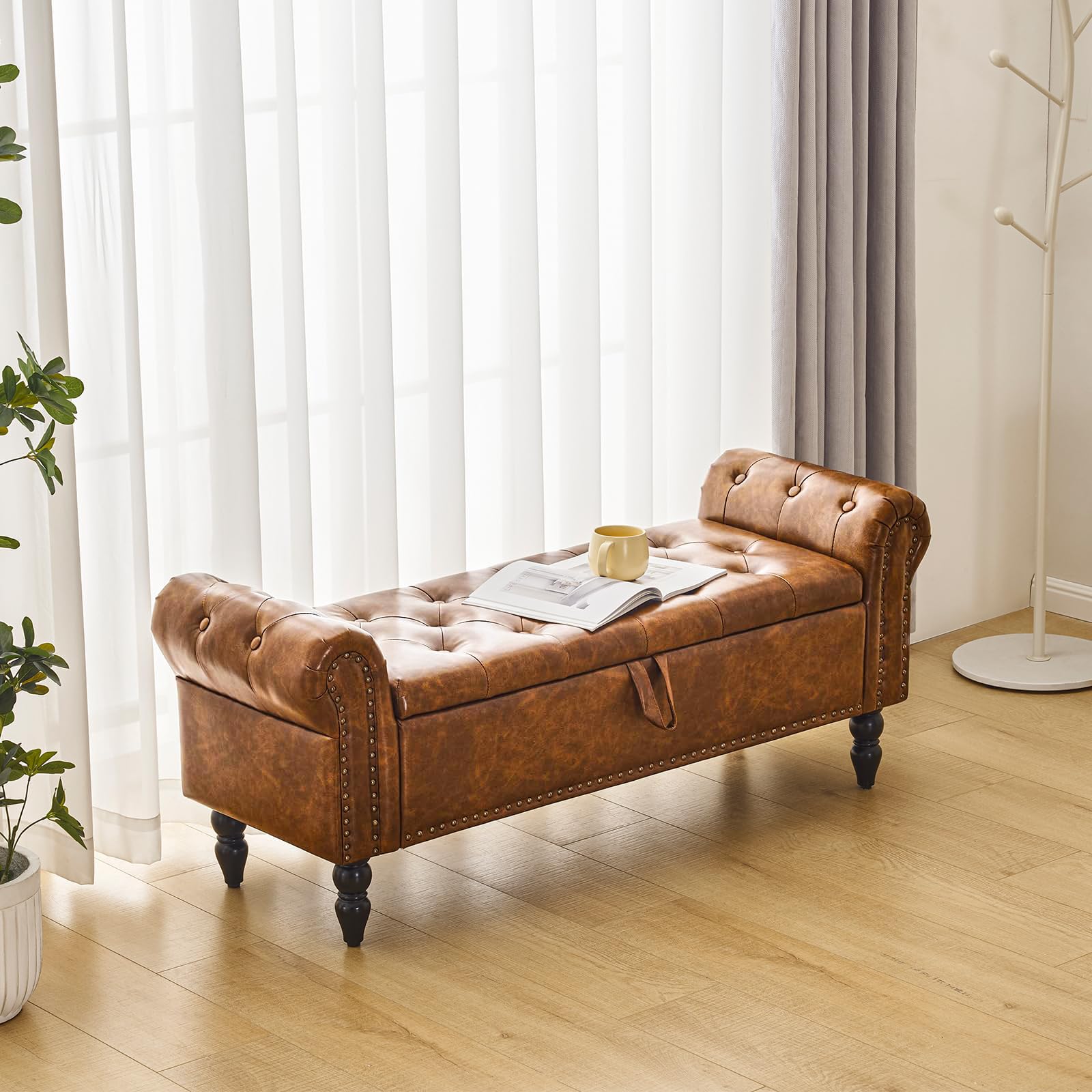 Furnimart Faux Leather Storage Ottoman Bench with Rolled Arms - 2.5 Cubic Feet Storage Space for Bedroom, Living Room & Entryway | Perfect for Extra Seating, Shoe Storage & Home Organization