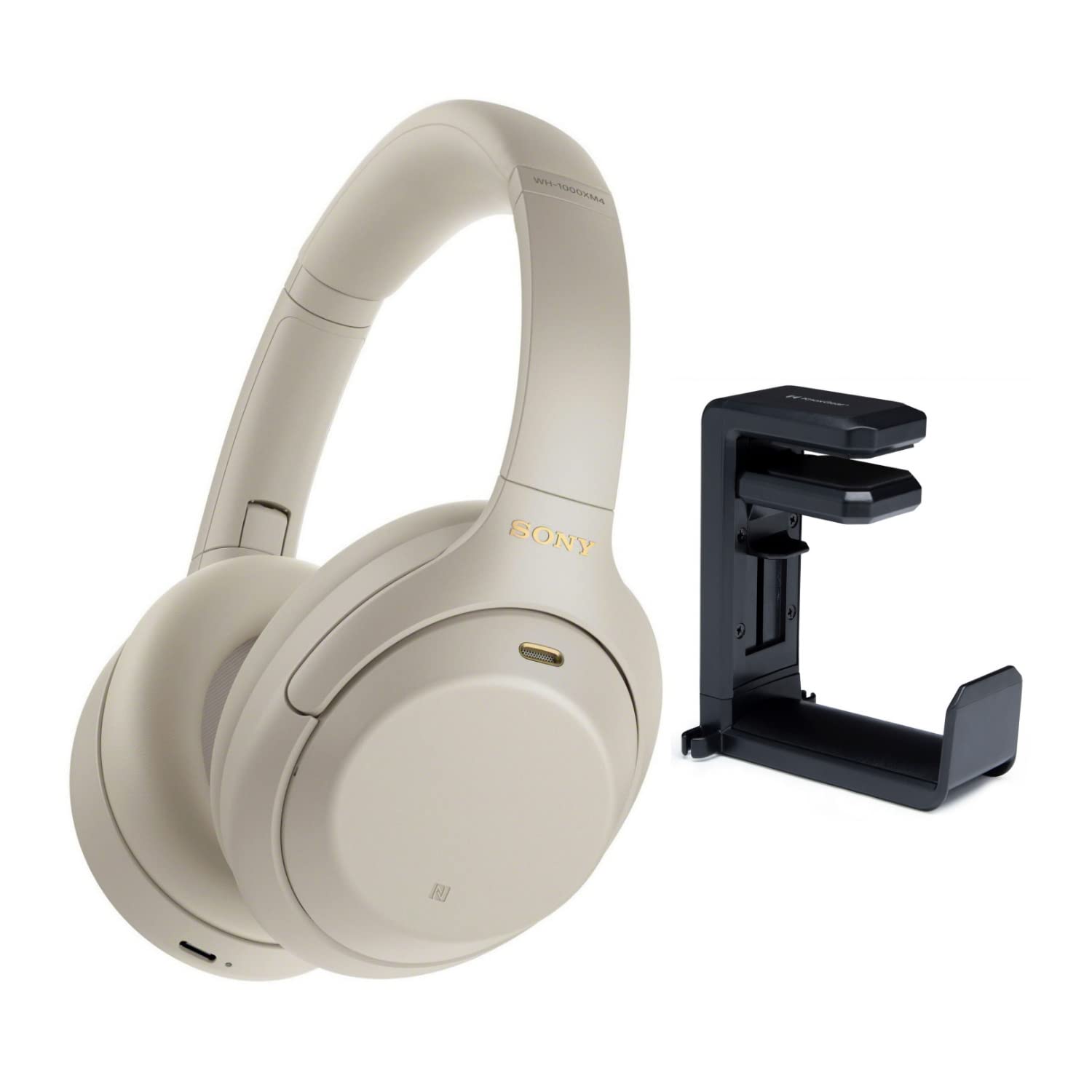 Sony WH-1000XM4 Wireless Bluetooth Noise Cancelling Over-Ear Headphones with Built-in Mic (Silver) + Premium Headphone Stand Holder - Perfect for Travel, Office & Home Use