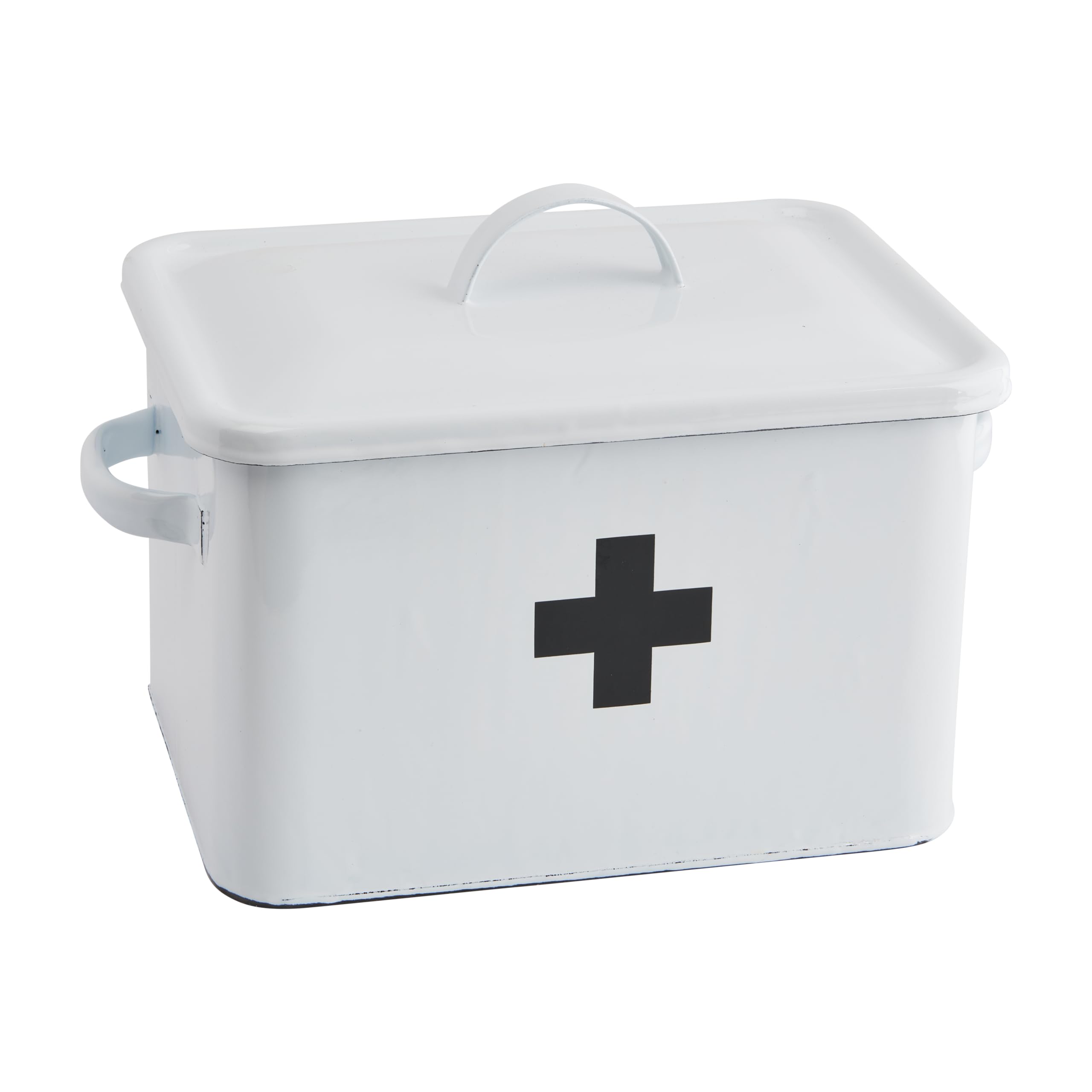 Premium Enameled First Aid Kit Box with Secure Lid & Black Cross - Compact Emergency Medical Storage for Home, Car, and Travel
