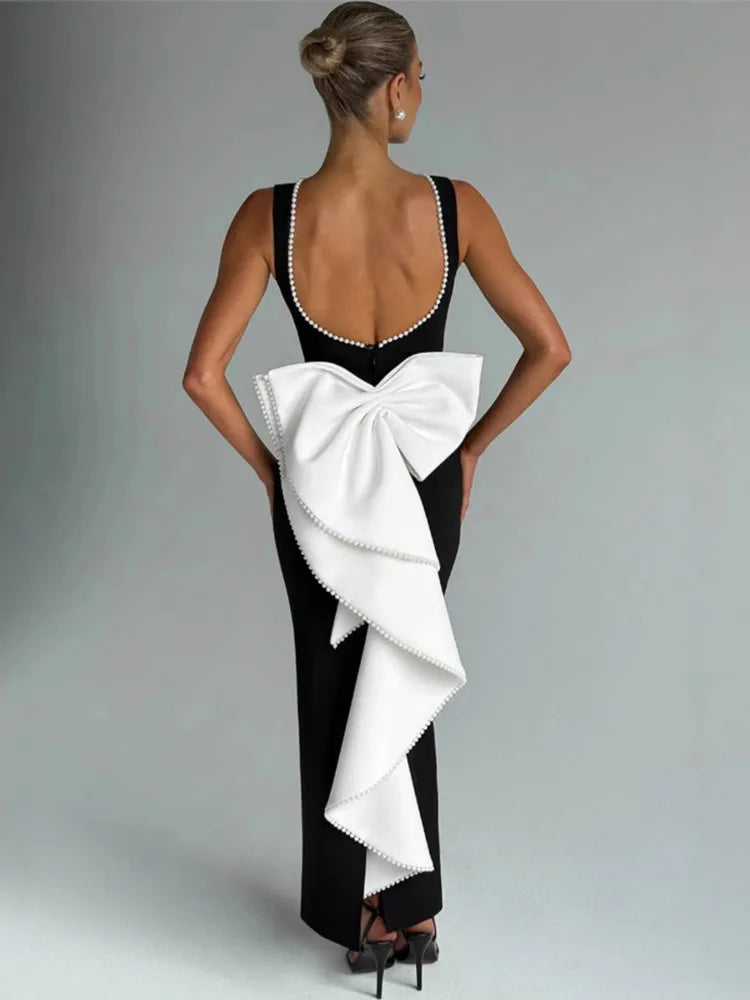 Elegant Pearl Bow Backless Sexy Maxi Dress for Women - Sleeveless High Waist A-Line Long Gown for Club, Party, Wedding & Evening Events