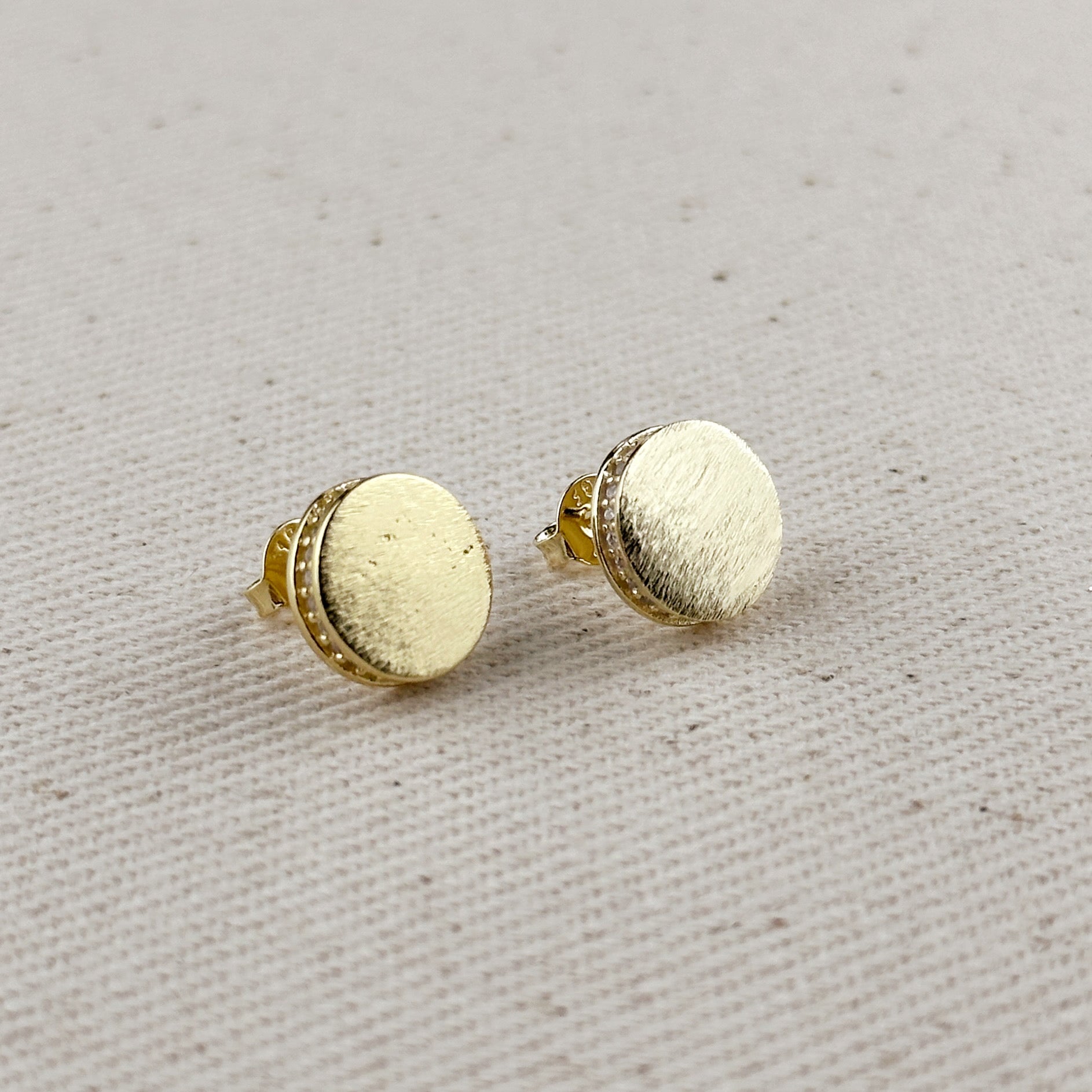 18k Gold Filled Brushed Button Stud Earrings with Cubic Zirconia - Elegant Everyday Jewelry for Women, Perfect for Work, Date Night & Special Occasions