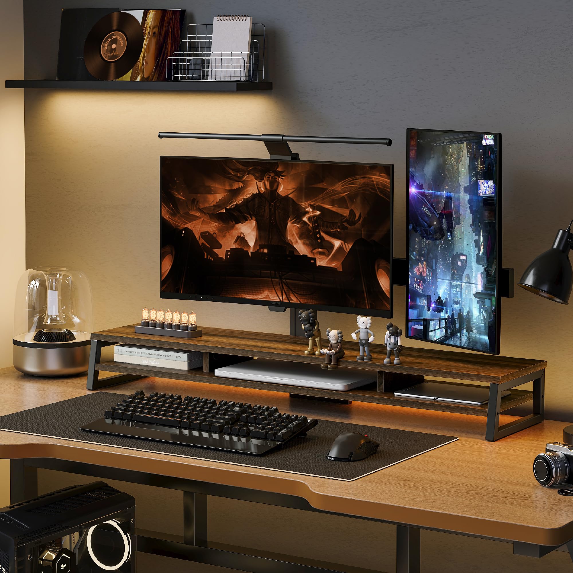 Dual Monitor Stand Riser for Desk - 42.5 Inch Large 2-Tier Monitor Shelf for 2 Screens, Laptop, PC & Printer | Space-Saving Office Desk Organizer for Home & Work Setup
