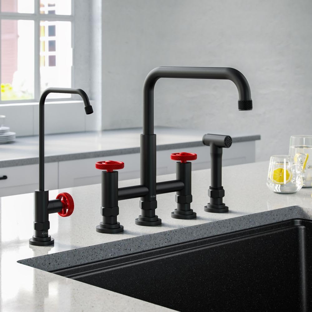 KRAUS Urbix Industrial Bridge Kitchen Faucet with Water Filter - Matte Black & Red Finish | KPF-3125-FF-101MBRD | Perfect for Modern Farmhouse & Industrial Style Kitchens
