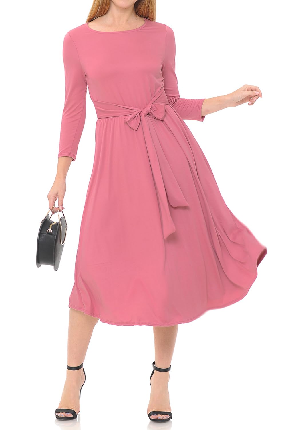 Stylish Women's A-Line Midi Dress with Waist Tie - Elegant Formal & Casual Outfit for Work, Party & Special Occasions | Flattering Fit for All Body Types