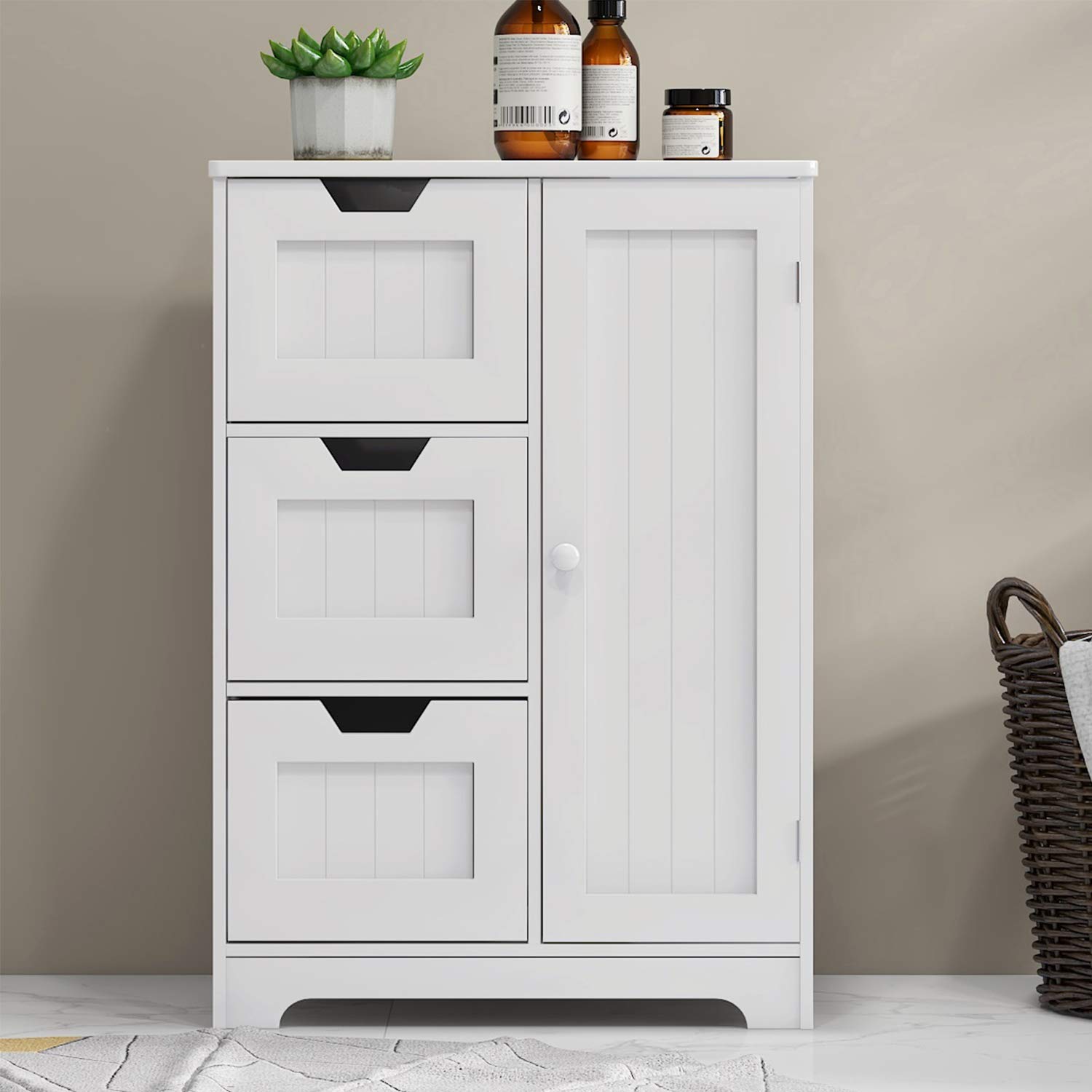 RASOO White Freestanding Bathroom Storage Cabinet with Door & 3 Drawers - Space Saving Organizer for Bathroom, Living Room, Bedroom, Kitchen | Perfect for Towels, Toiletries, Cosmetics & Home Decor