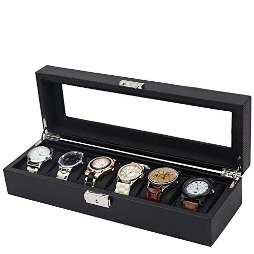 Premium Leather & Carbon Fiber Watch Box - 6 Slot Luxury Watch Organizer & Jewelry Storage Case - Perfect for Watch Collectors & Gift Giving