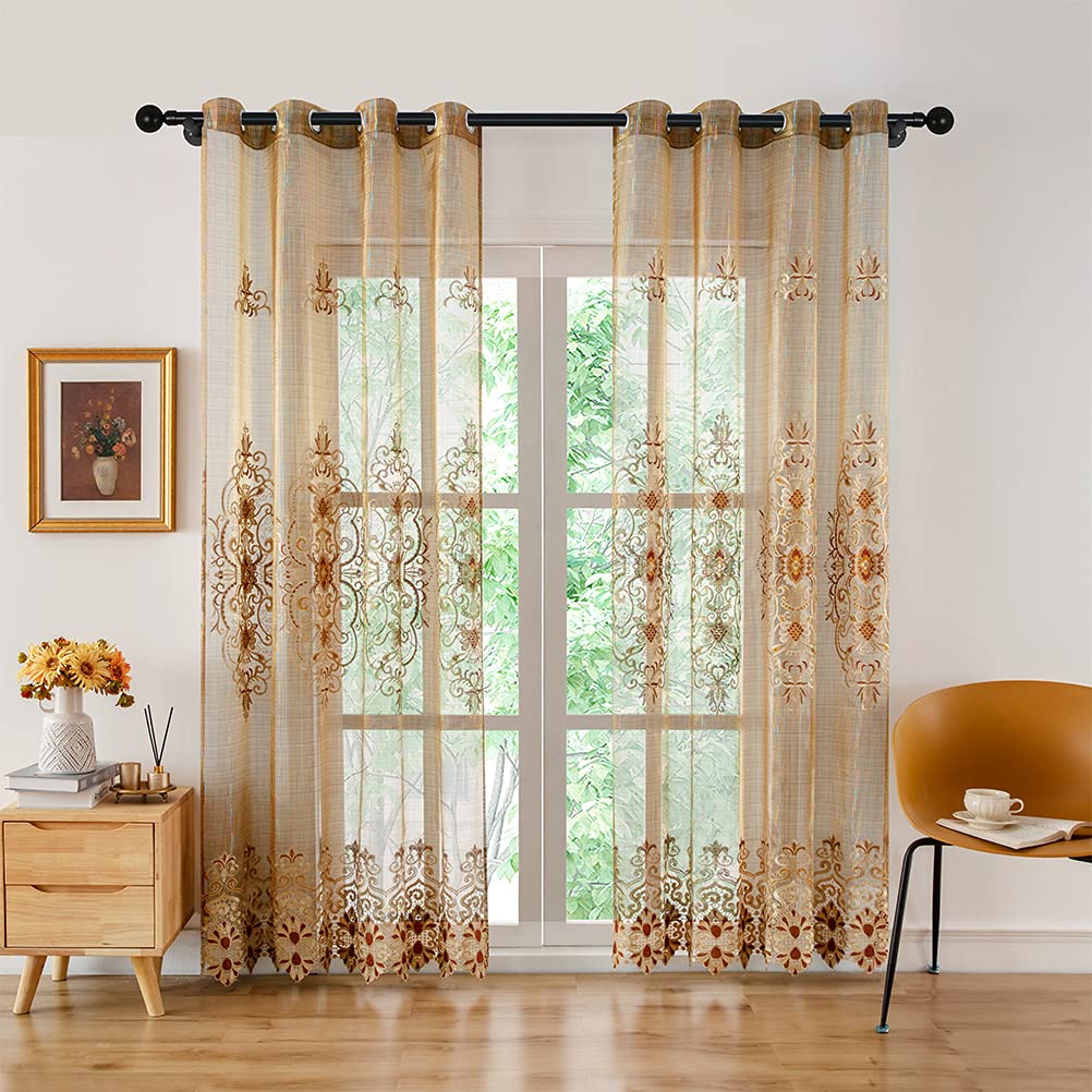 ELKCA European-Style Embroidered Sheer Curtains - Luxury Brown Tulle Window Drapes for Living Room & Bedroom - Grommet Top (39