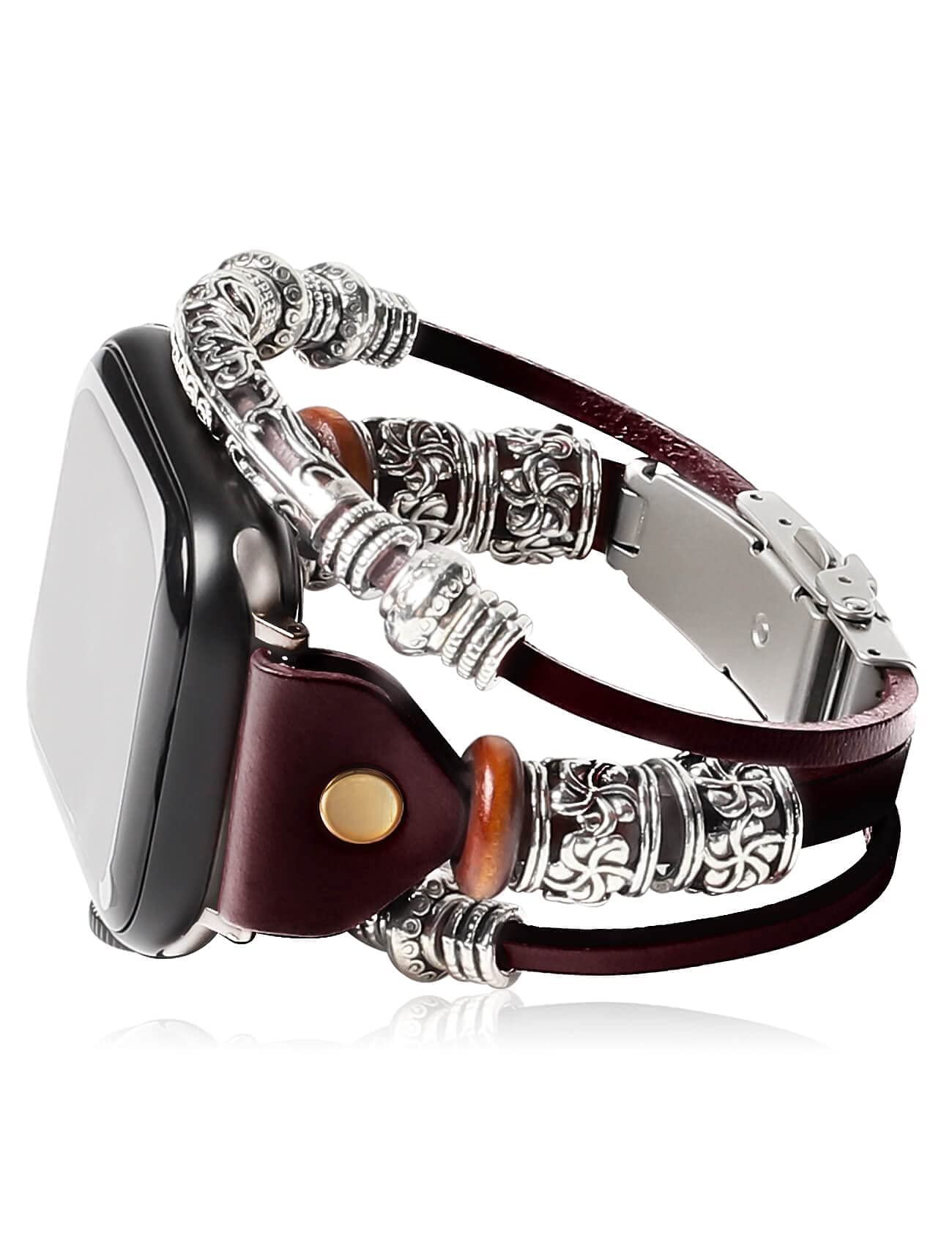Boho Beaded Leather Apple Watch Band for Women - Compatible with 38mm 40mm 42mm 44mm iWatch Series - Stylish Replacement Strap for iPhone - Perfect for Yoga, Workouts & Boho Fashion Accessories