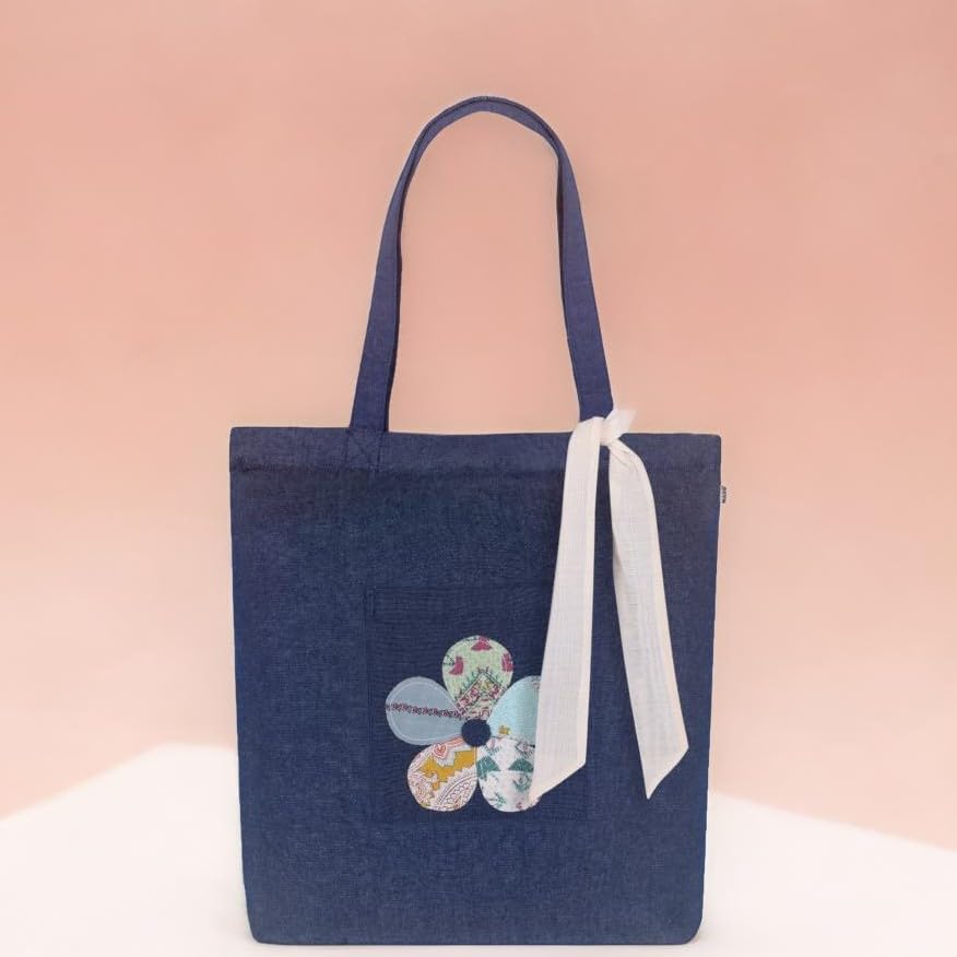 MASQ by Q-One Women's Embroidered Denim Tote Bag with Zipper Closure - 100% Organic Cotton College Bag for Girls, Stylish Travel & Everyday Purse | Perfect Gift for Women, Students & Fashion Lovers | Ideal for School, Shopping, Work & Weekend Outings