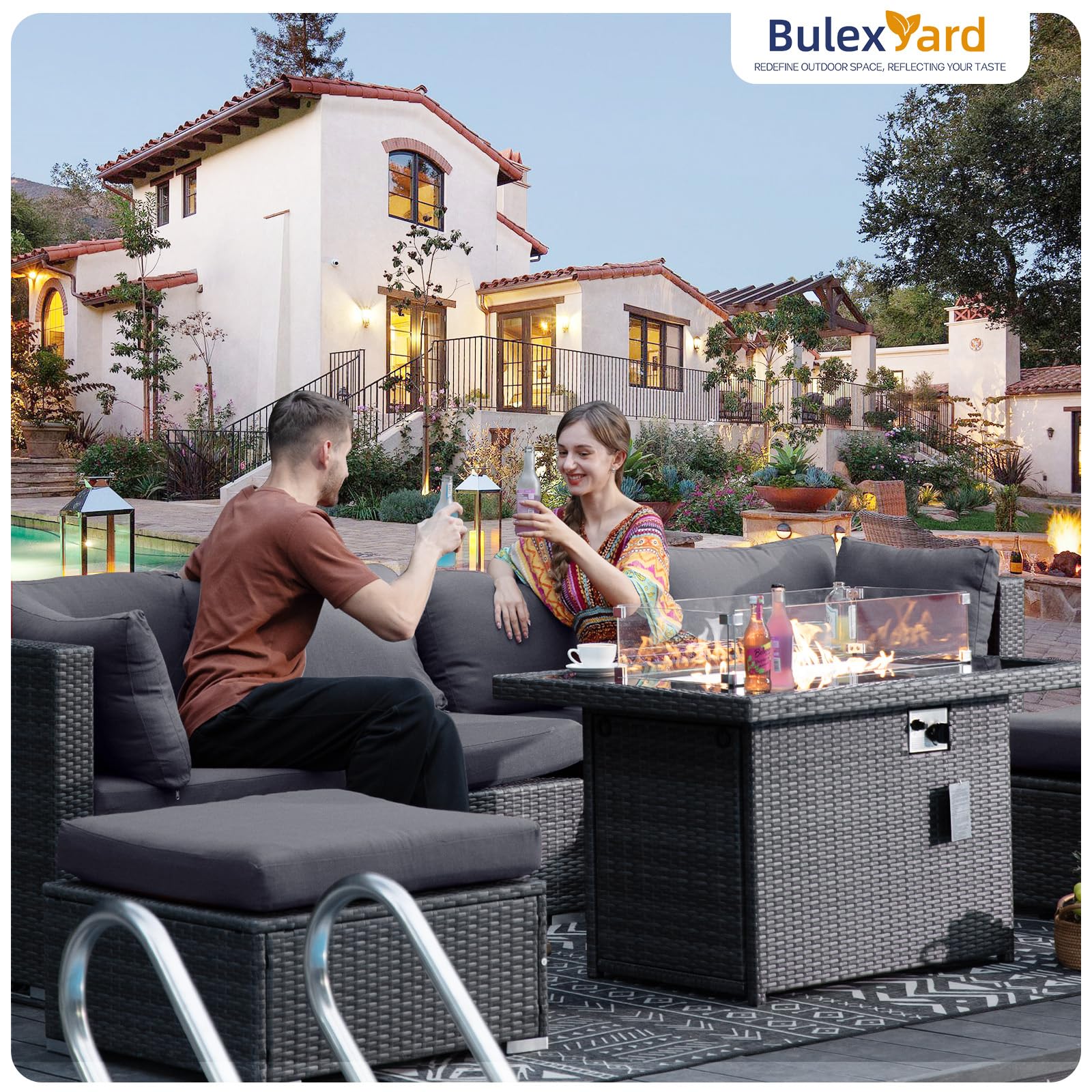BULEXYARD 5-Piece Grey Rattan Patio Furniture Set with Gas Fire Pit Table - High Back Deep Seat Outdoor Sectional Sofa & Wicker Conversation Set for Backyard, Poolside & Garden (Grey/Dark Grey)
