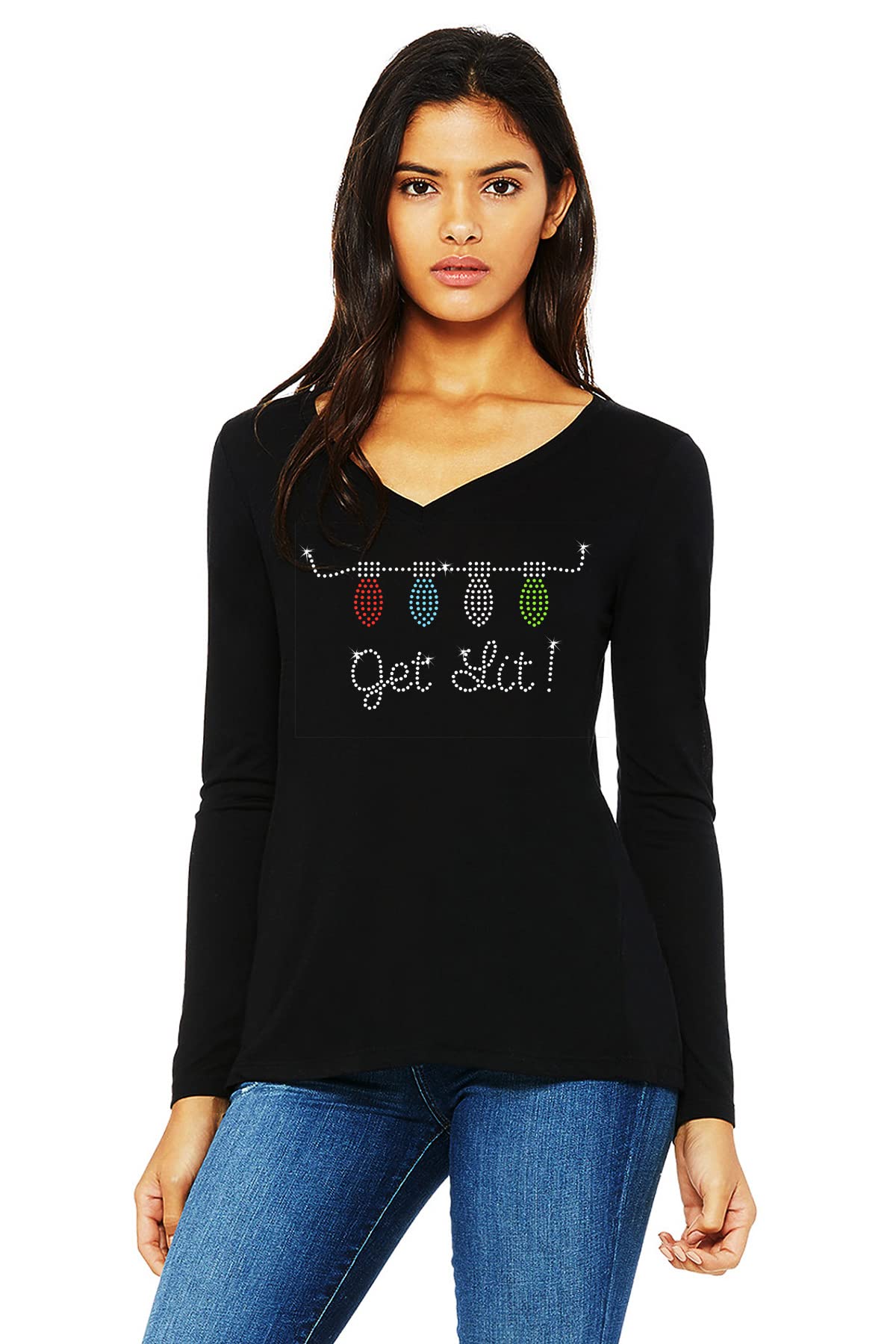 Funny Christmas Get Lit Women's V-Neck Long Sleeve T-Shirt (Medium, Black) - Perfect for Holiday Parties & Festive Gatherings