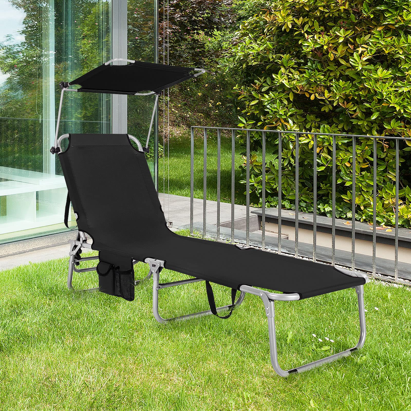 **Tangkula 5-Position Folding Chaise Lounge Chair - Adjustable Reclining Beach Chair with 360° Canopy Shade & Side Storage Pocket - Portable Outdoor Patio Recliner for Sunbathing, Poolside, Backyard, Camping (Black, 2-Pack)**