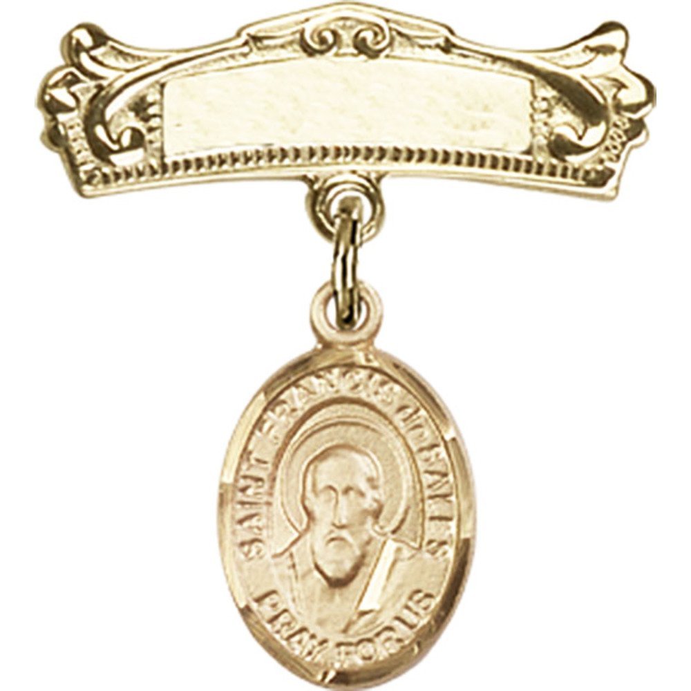 St. Francis de Sales Gold Filled Baby Badge - 7/8 X 3/4 Inch Arched Polished Charm Pin for Christening, Baptism & First Communion Gifts