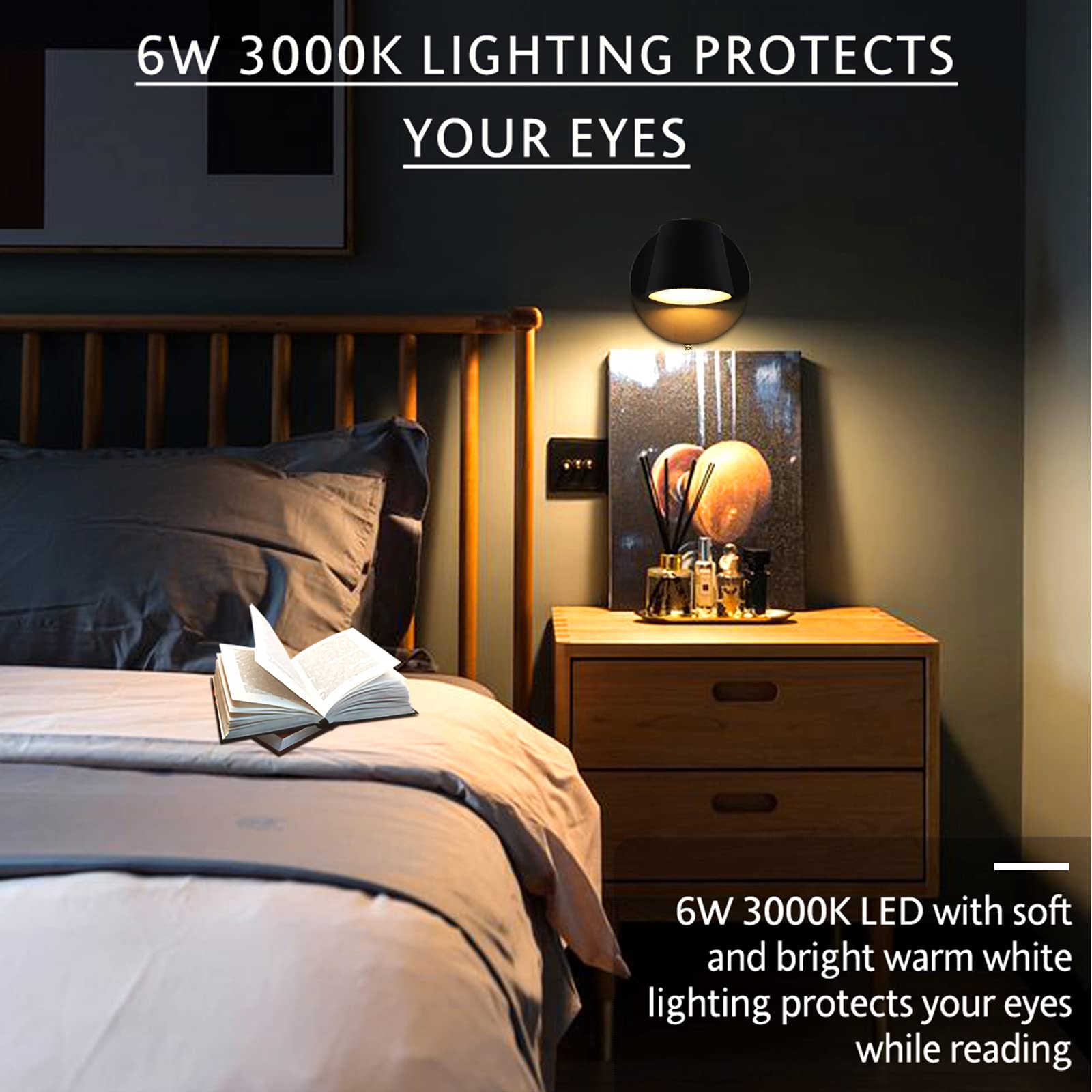 Rotatable Plug-in LED Wall Lamp with Switch - Black Sconce for Bedroom & Living Room | Reading & Ambient Lighting
