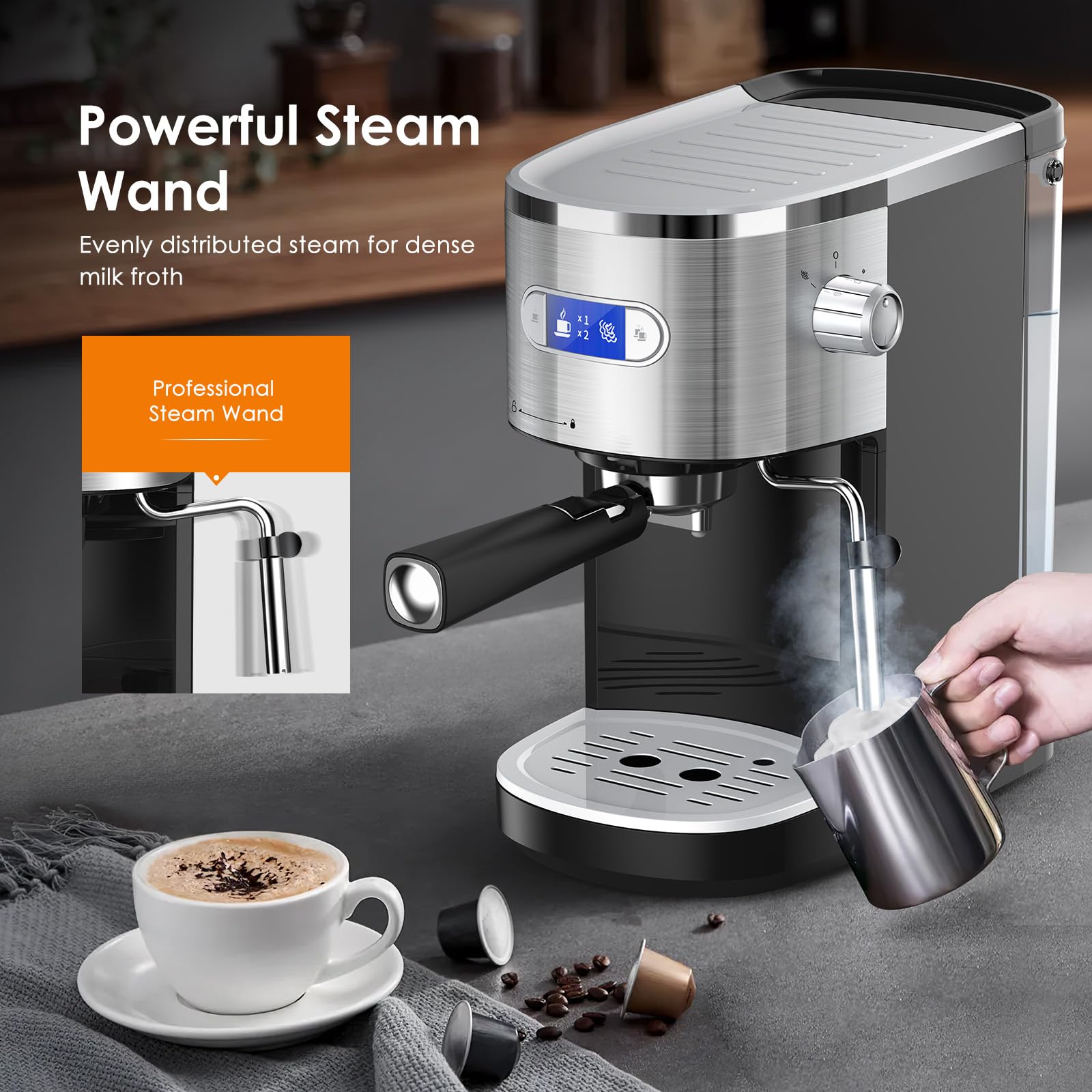 COWSAR 20 Bar Semi-Automatic Espresso Machine with Milk Frother Steam Wand, 45OZ Removable Water Tank - Perfect for Making Cappuccino, Latte, and Espresso at Home or Office