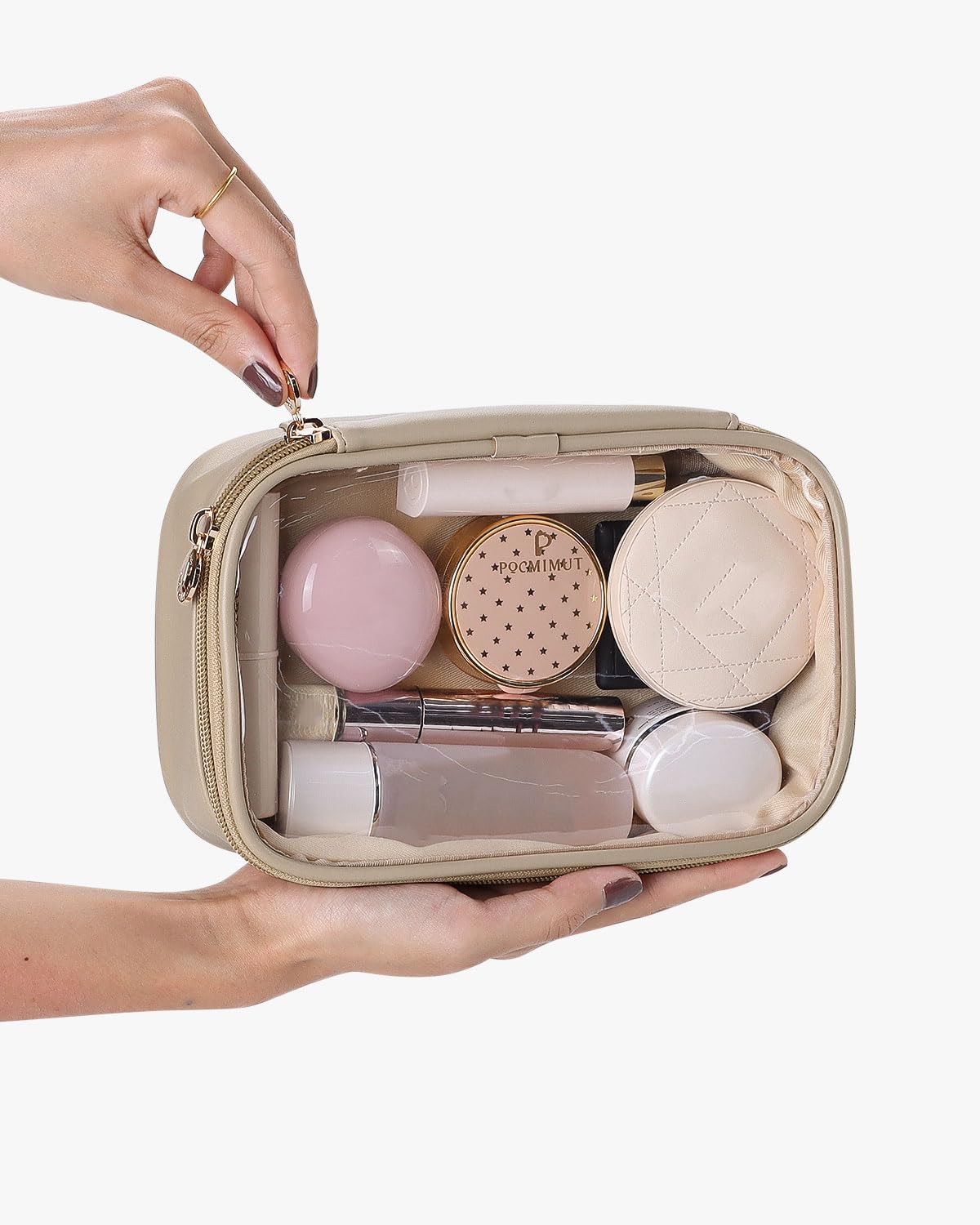 Pocmimut Clear Travel Makeup Bag for Women - Small Cosmetic Organizer with Zipper, Portable Toiletry Pouch for Makeup Brushes & Beauty Essentials - Perfect for Travel, Gym, and Daily Use (Apricot)