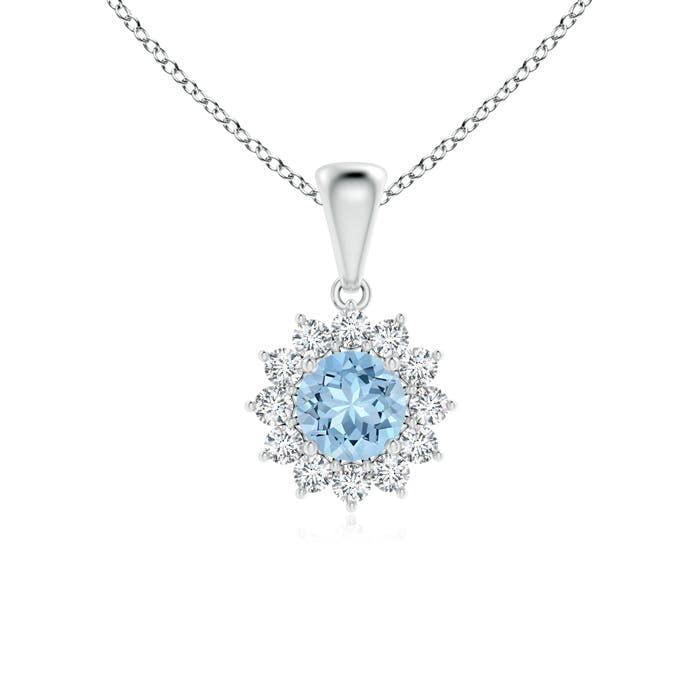 Angara Natural Aquamarine Solitaire Halo Pendant Necklace for Women - 14K Solid Gold/Platinum March Birthstone Jewelry | Elegant Gift for Her, Birthday, Wedding Anniversary | Perfect for Everyday Wear, Special Occasions & Gifting