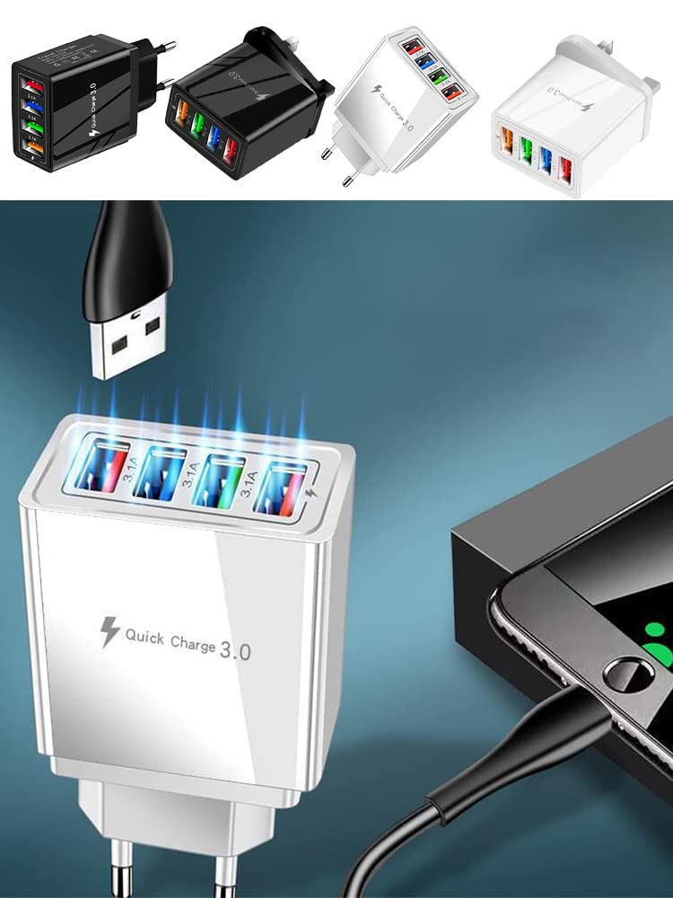 DIYARTS 4-Port USB Wall Charger UK Plug - Fast Multi USB Power Adapter for iPhone, Samsung, Android Smartphones - Perfect for Home, Office & Travel Charging