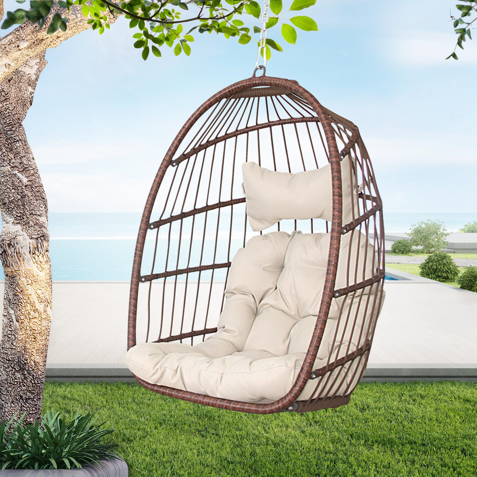 BULEXYARD 300lbs Capacity Hanging Egg Chair Without Stand - Brown Wicker Swing Chair with Beige Cushion for Indoor & Outdoor Use - Foldable Hammock for Patio, Porch, Balcony, Garden or Backyard - Perfect for Relaxing, Reading & Lounging