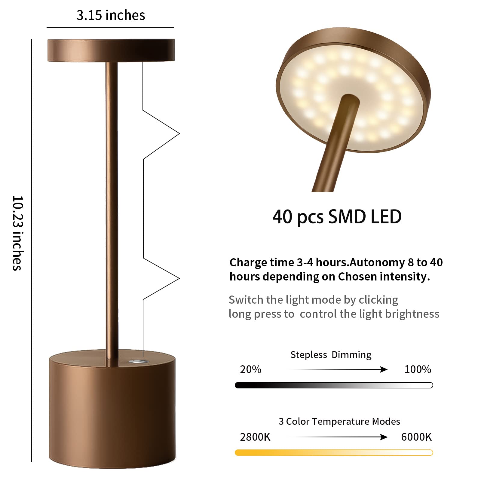 YIBEN 2-Pack Rechargeable LED Table Lamps - 5000mAh Battery Powered Cordless Desk Lights for Home, Office, Restaurant, Bar, Patio & Outdoor Use (Brown) | Perfect for Reading, Working, Dining & Ambient Lighting