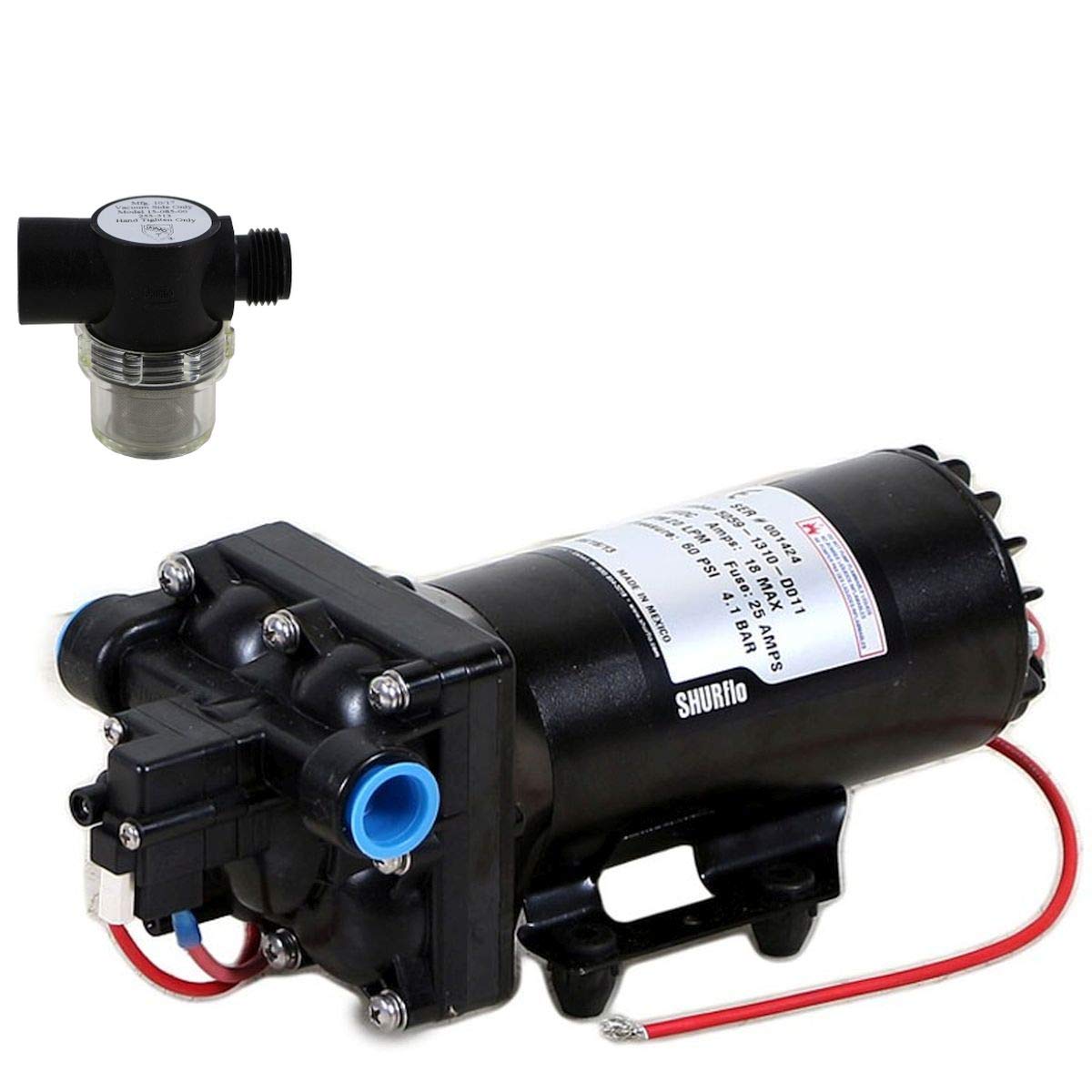 Shurflo 5059-1310-D011 12V Automatic Demand Diaphragm Pump with 255-313 Strainer - 2-Piece Bundle for RV, Marine & Off-Grid Water Systems