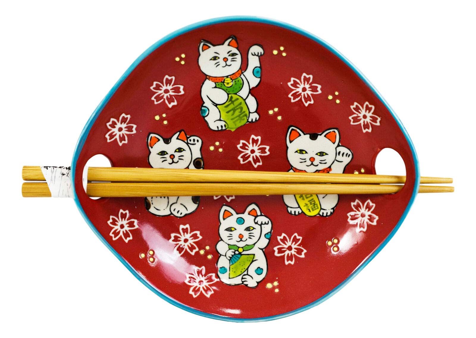2 Pack Red Maneki Neko Lucky Cat Appetizer Plates with Chopsticks Set - Japanese Fortune Cat Sushi Serving Dishes for Asian Party, Home Decor & Good Luck Gift