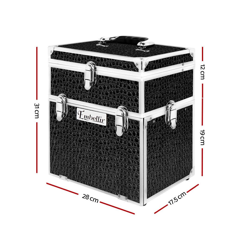 Embellir Portable Cosmetic Makeup Case with Mirror - Black Crocodile Design for Travel & Daily Use | Organize Your Beauty Essentials On-The-Go