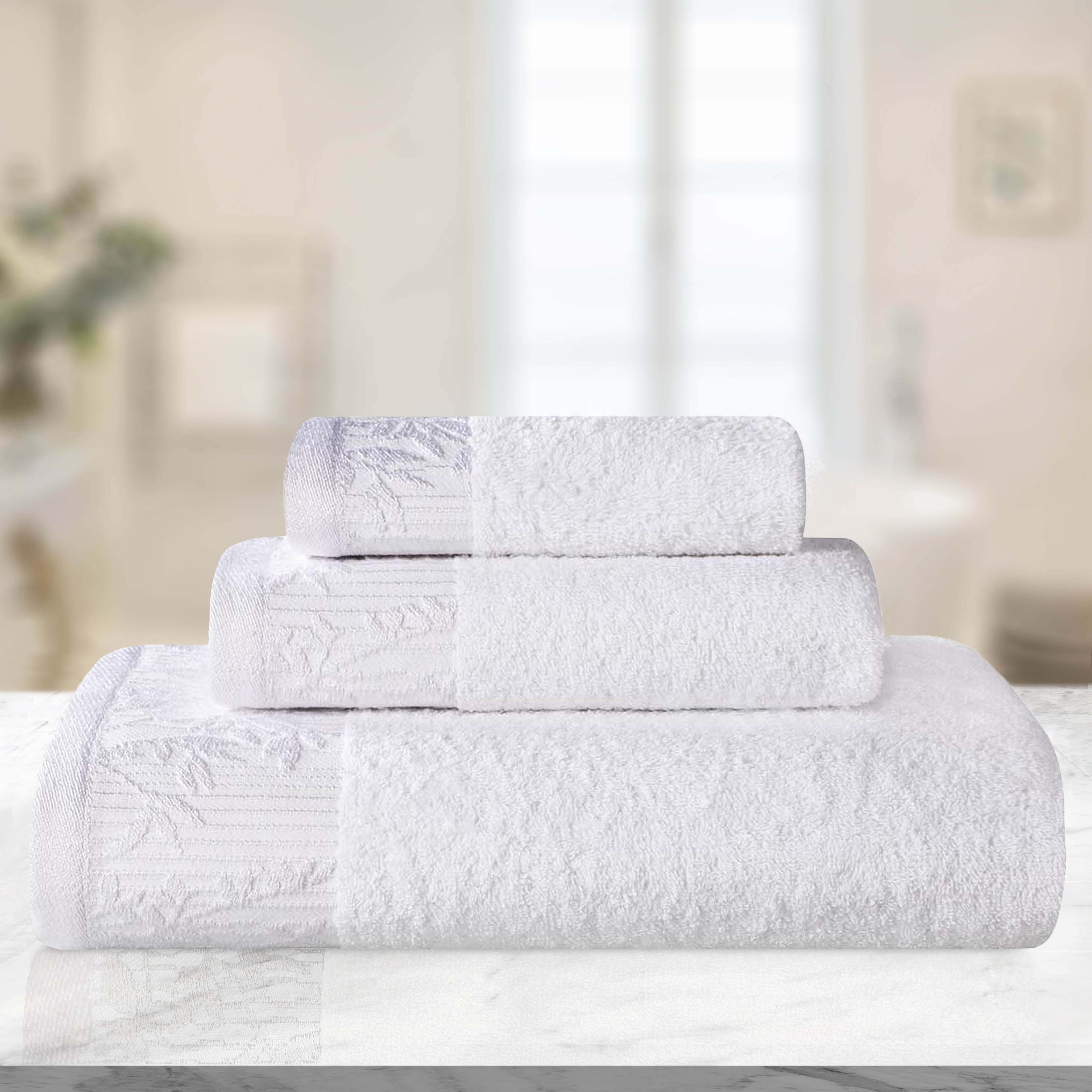 Wisteria Cotton Floral Embroidered Jacquard Border 3-Piece Bath Towel Set - Soft & Absorbent for Spa, Bathroom & Guest Room Decor