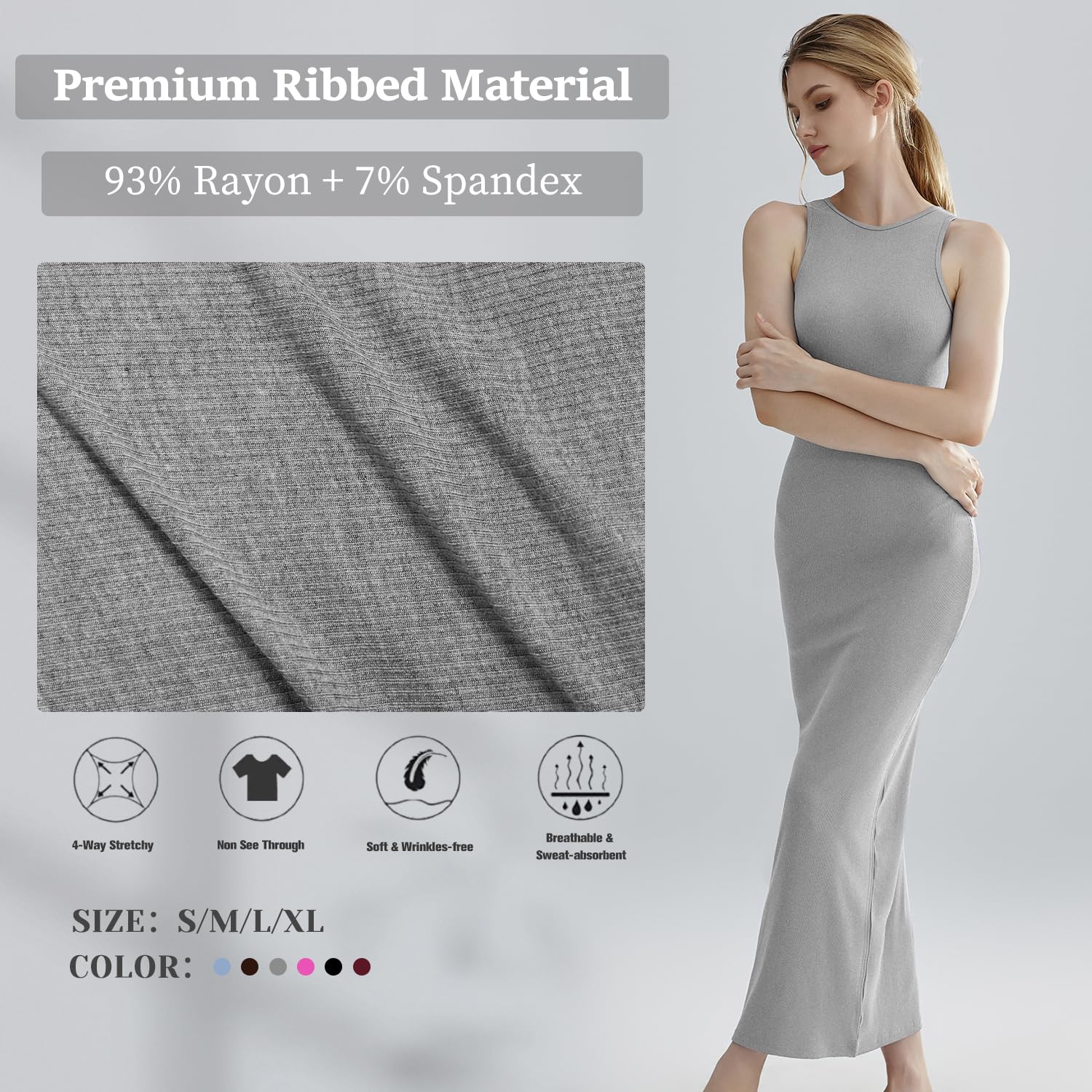 Relety Women's Bodycon Maxi Dress - Ribbed Lounge Tank Long Dress with Elegant Halter Neck, Casual Sleeveless Summer Dress for Beach, Party & Evening Wear
