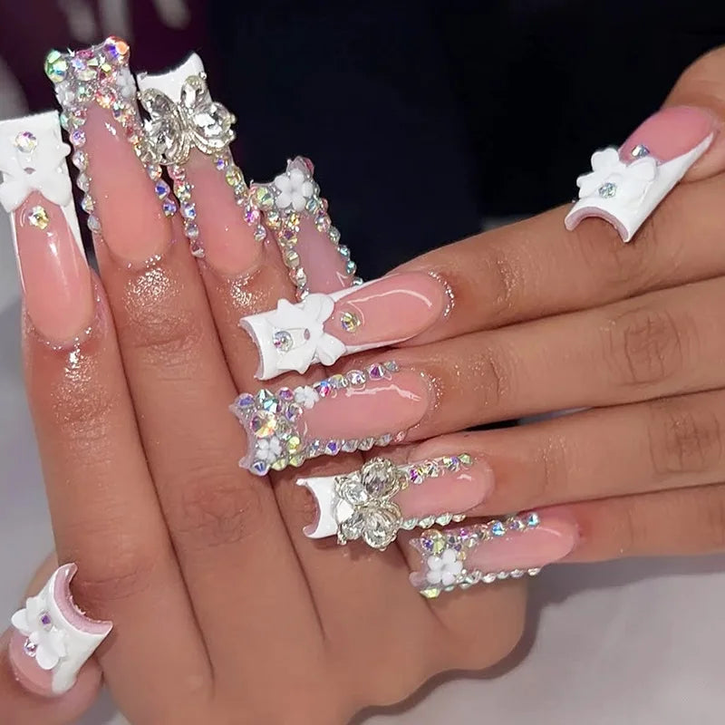 24Pcs French Tip Press on Nails - Long Glitter Rhinestone False Nails with 3D Bow Tie Designs | Wearable Y2K Fake Nails Kit Includes Jelly Glue | Perfect for Parties, Weddings, and Special Occasions
