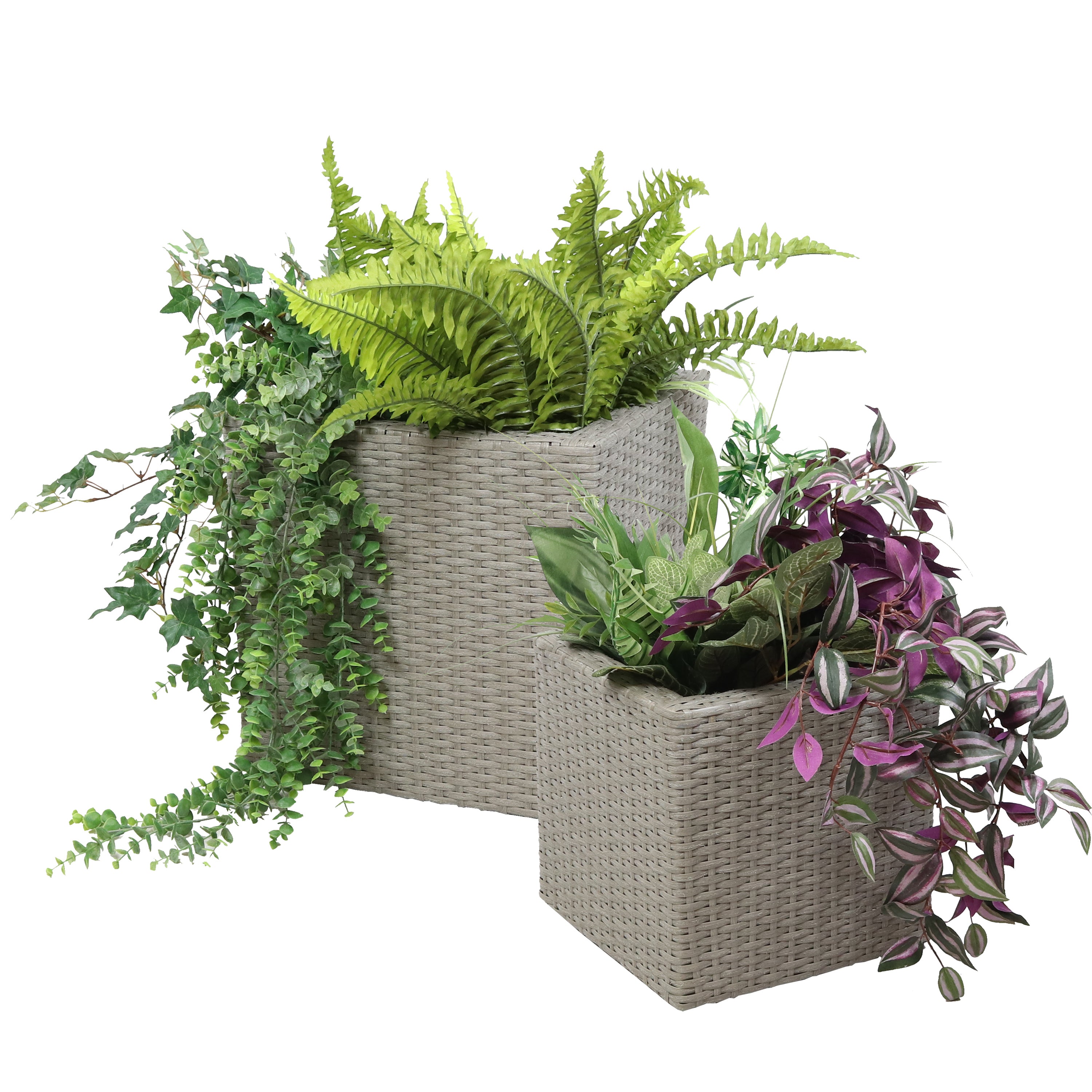 Sunnydaze Poly Rattan Square Indoor Planters Set - 1 Large & 1 Small Modern Decorative Flower Pots for Home, Office, Living Room, Balcony Decor - Perfect for Succulents, Herbs, and Houseplants