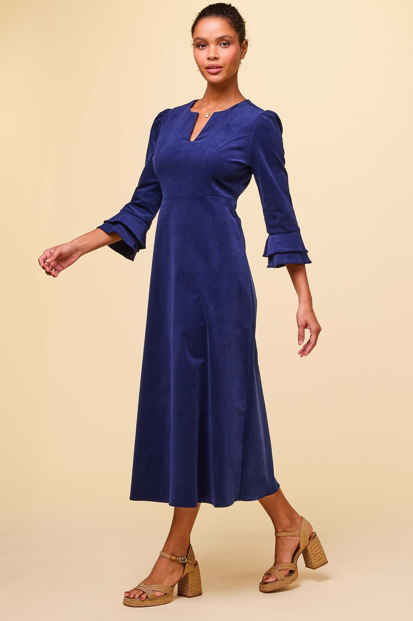 Stylish Jocelyn V-Neck 3/4 Sleeve Stretch Corduroy Dress in Atlantic Blue | Women's Casual Fall Dress for Office, Date Night & Holiday Parties