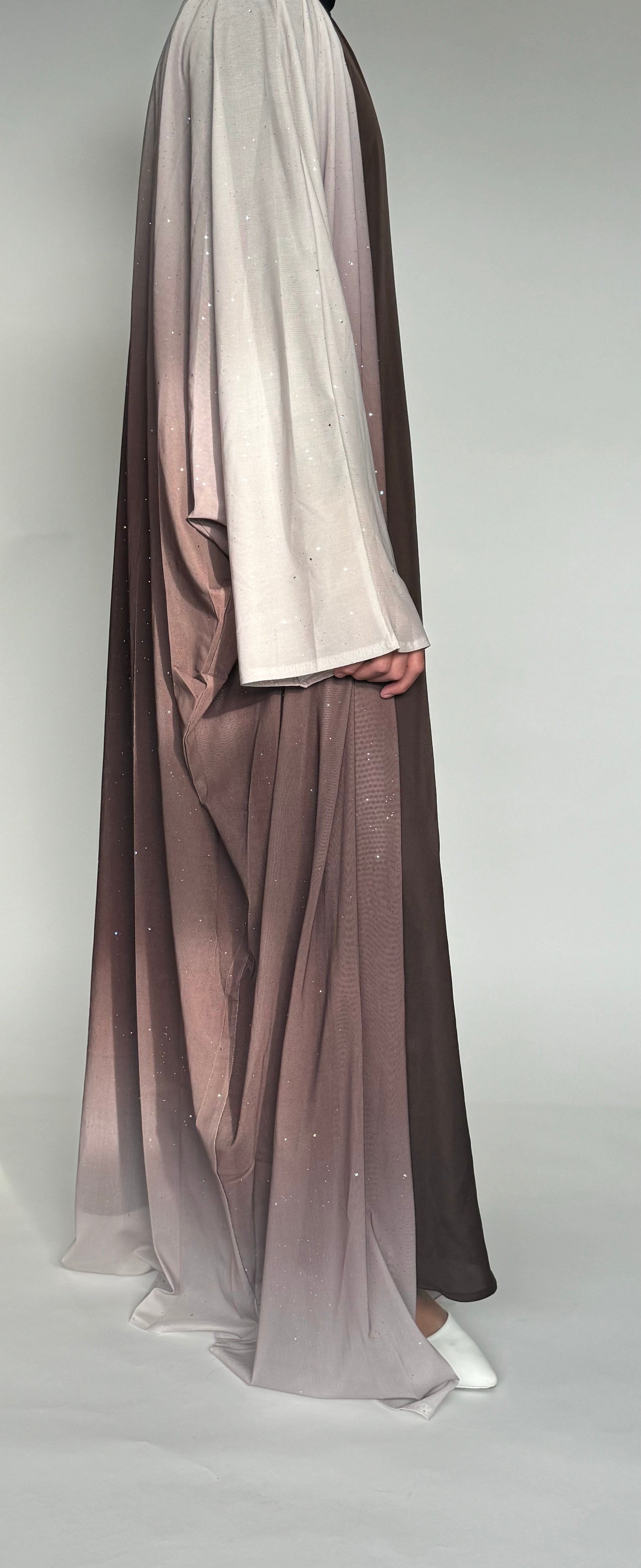 Elegant Brown & Beige Open Front Abaya with Sparkles - Modest Muslim Dress for Women - Perfect for Prayer, Eid, Weddings & Special Occasions