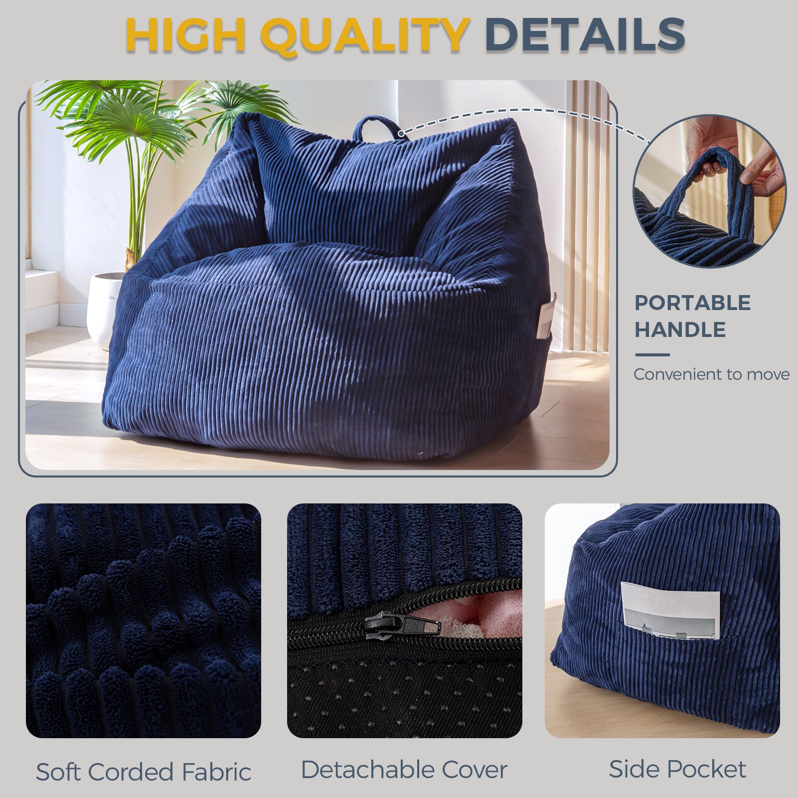 MAXYOYO Bean Bag Chair with Handle - Navy Floor Sofa for Teens, Living Room Accent Chair with Storage Pocket - Perfect for Gaming, Reading & Relaxing in Bedroom, Dorm or Lounge