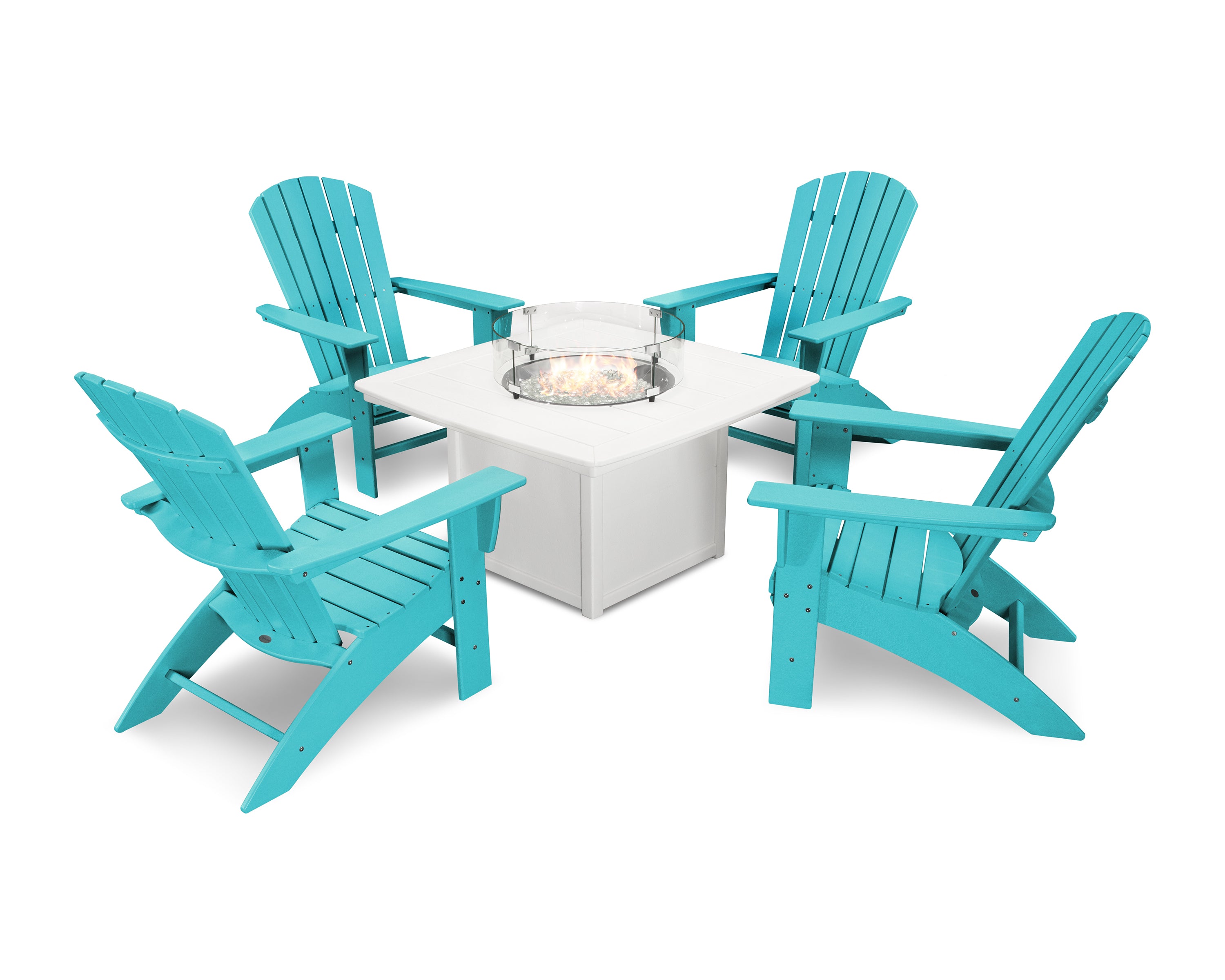 POLYWOOD Nautical Curveback Adirondack 5-Piece Outdoor Conversation Set with Fire Pit Table - Perfect for Patio, Deck, Poolside & Backyard Relaxation