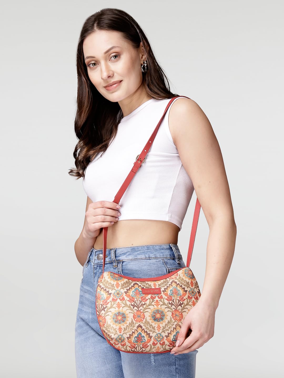 Vegan Leather & Canvas Crossbody Sling Bag for Women - Handmade Block Printed, Dark Red - Perfect for Travel, Shopping & Everyday Use