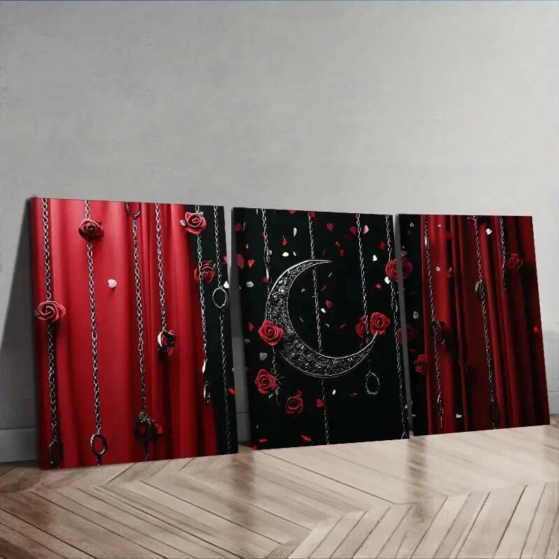 3-Piece Black Moon and Red Roses Wall Art Set - Framed Canvas 50x70cm (20x28in) - High Quality Print - 100% Australian Made - Ready to Hang - Perfect for Living Room, Bedroom & Office Decor