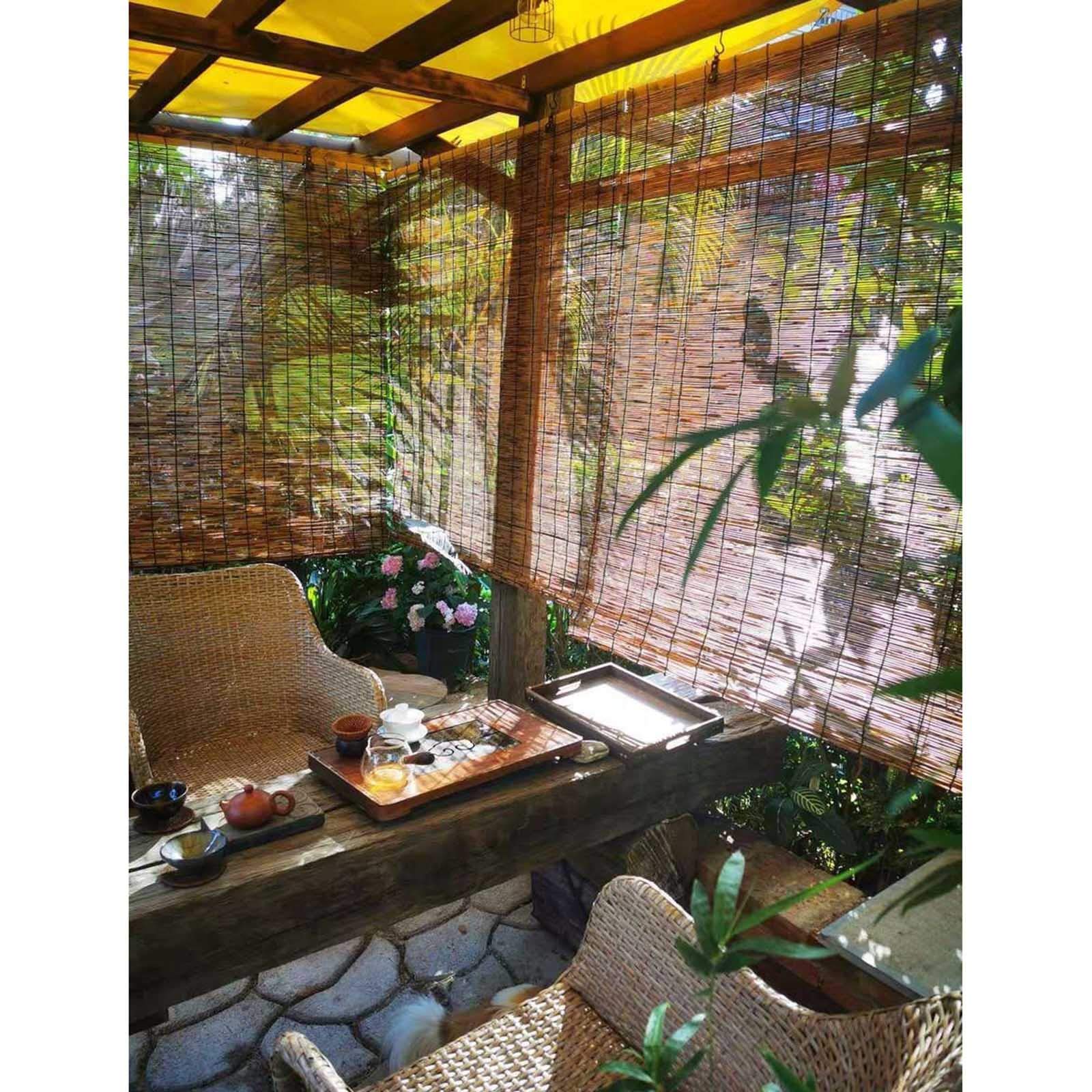 Bamboo Roller Blinds - Reed Roll Up Shades for Pergola & Outdoor Sun Protection - 59x87in (150x220cm) Waterproof & Heat Insulating Roman Straw Curtain - No Drilling Required - Perfect for Patio, Balcony, and Garden Shade
