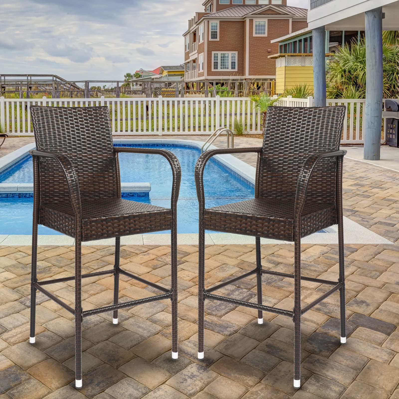 **Weather-Resistant Patio Rattan Bar Stools Set of 2 - All-Weather Wicker Counter Height Bar Chairs with Footrest & Armrest for Outdoor, Garden, Pool, Lawn & Backyard - Perfect for Entertaining, Lounging & Dining Al Fresco**