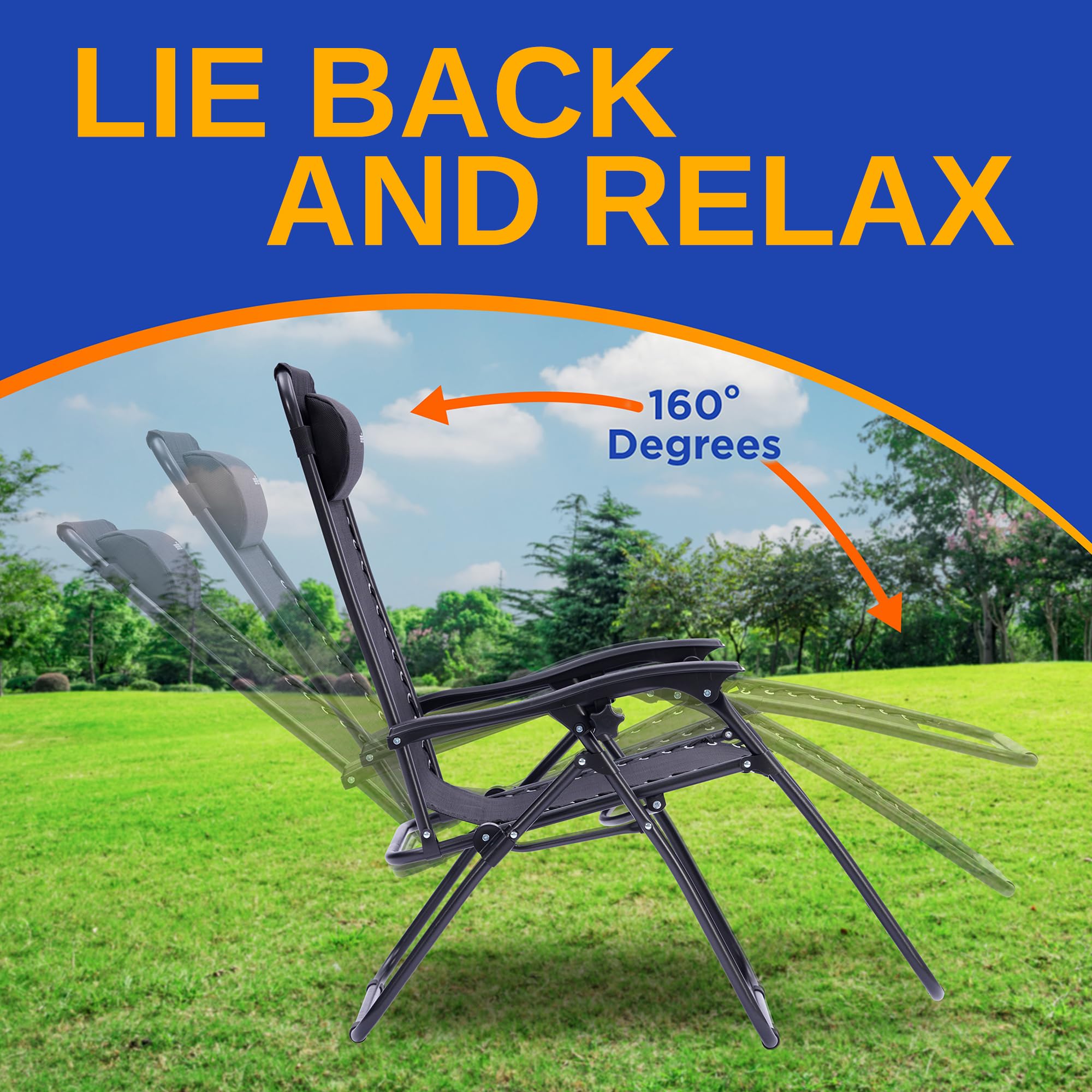 SereneLife Zero Gravity Chairs Set of 2 - Adjustable Steel Mesh Outdoor Lounge Chairs with Detachable Cup Holder & Pillows - Foldable Patio Furniture for Backyard, Poolside, Beach & Camping - Comfortable Relaxation Chairs for Adults