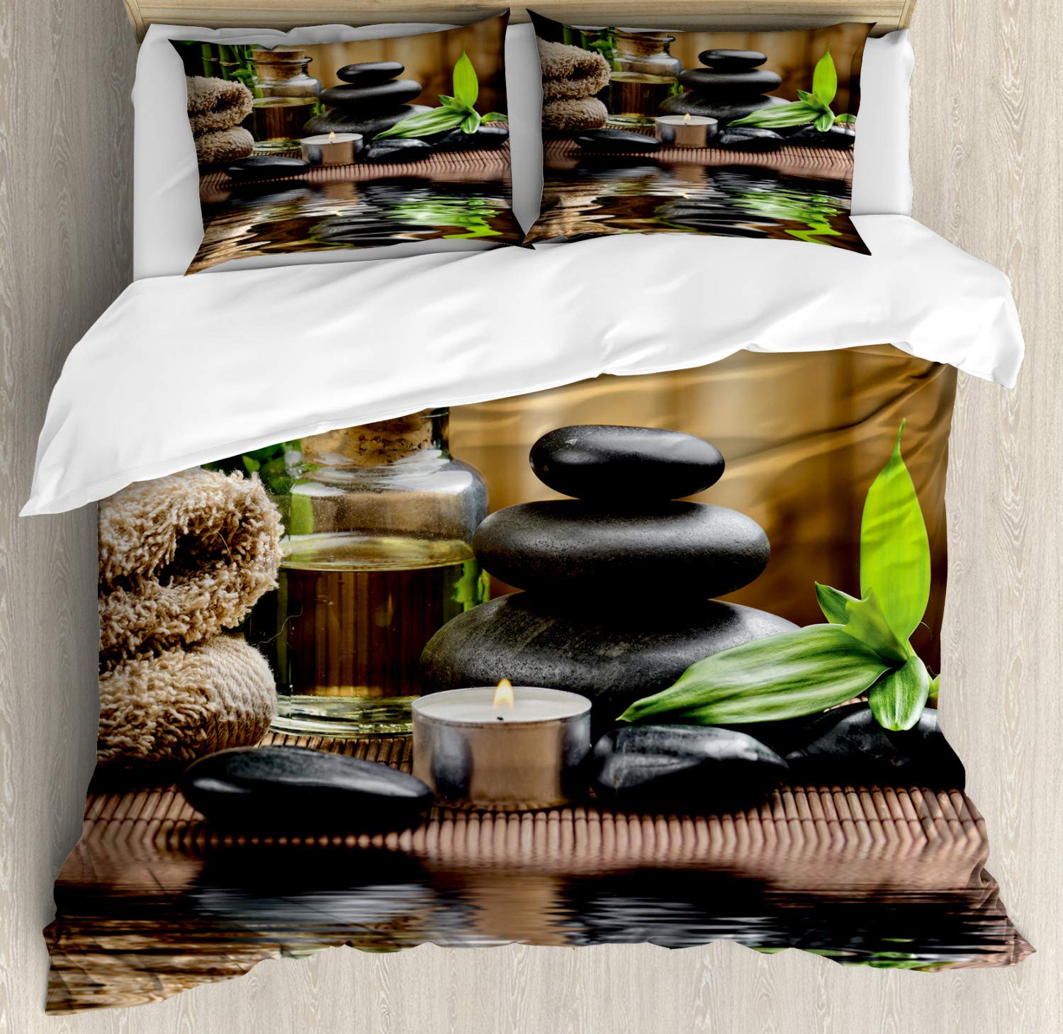 Ambesonne Spa Duvet Cover Set - Queen Size 3 Piece Bedding with 2 Pillow Shams, Massage Stone Triplets Herbal Oil & Scented Candles Print in Black Brown White | Relaxing Bedroom Decor for Massage Therapy & Aromatherapy Enthusiasts