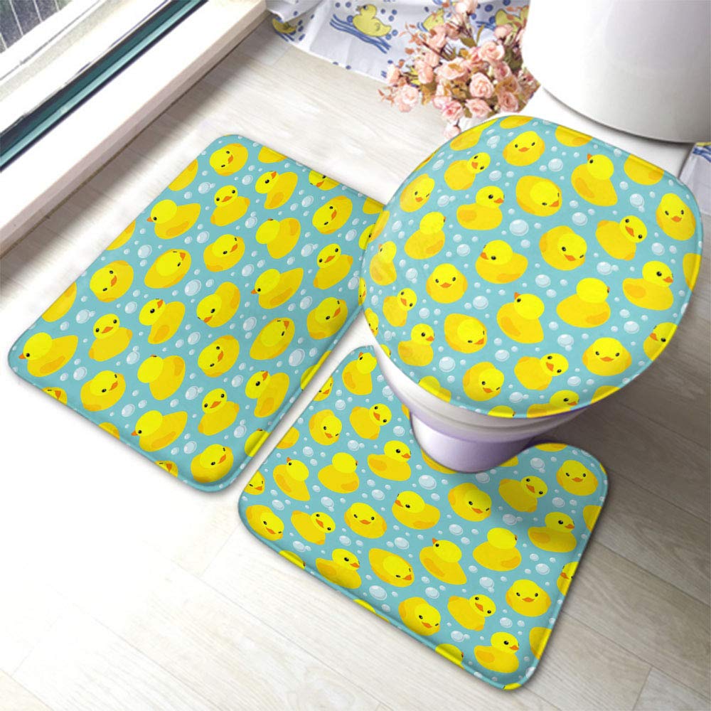 Non-Slip Yellow Rubber Duck 3-Piece Bathroom Rug Set with U-Shaped Contour Mat & Toilet Cover - Cute Blue Bubble Design for Kids Bathroom Decor, Soft Absorbent Shower Mats & Bathtub Safety Floor Mat | Anti-Fall Protection for Toddlers & Elderly, Perfect for Bathroom, Shower, and Bathtub Use